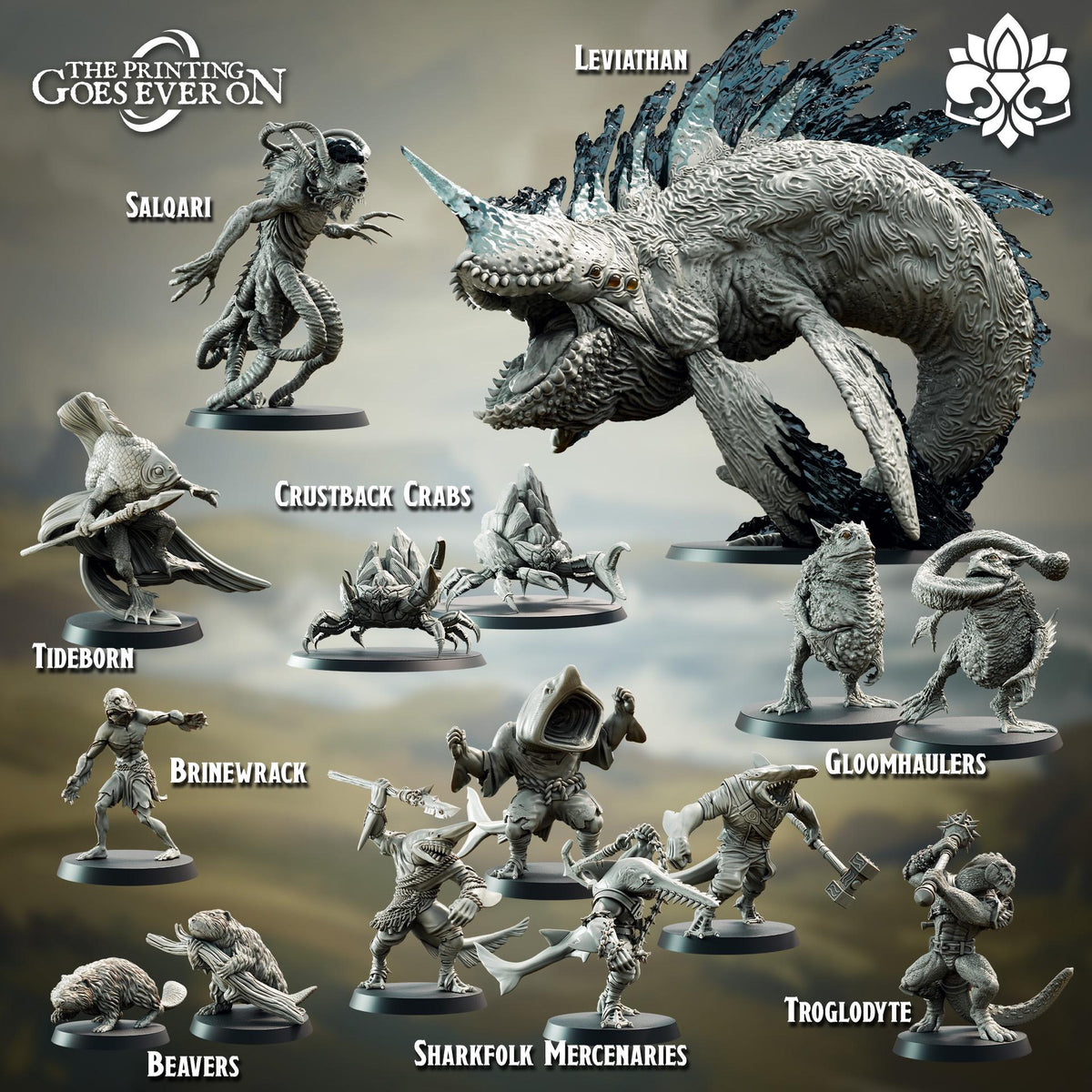 a collection of various figurines representing different creatures and characters from a fictional world, including a large sea monster, crustback crabs, and other fantastical figures.