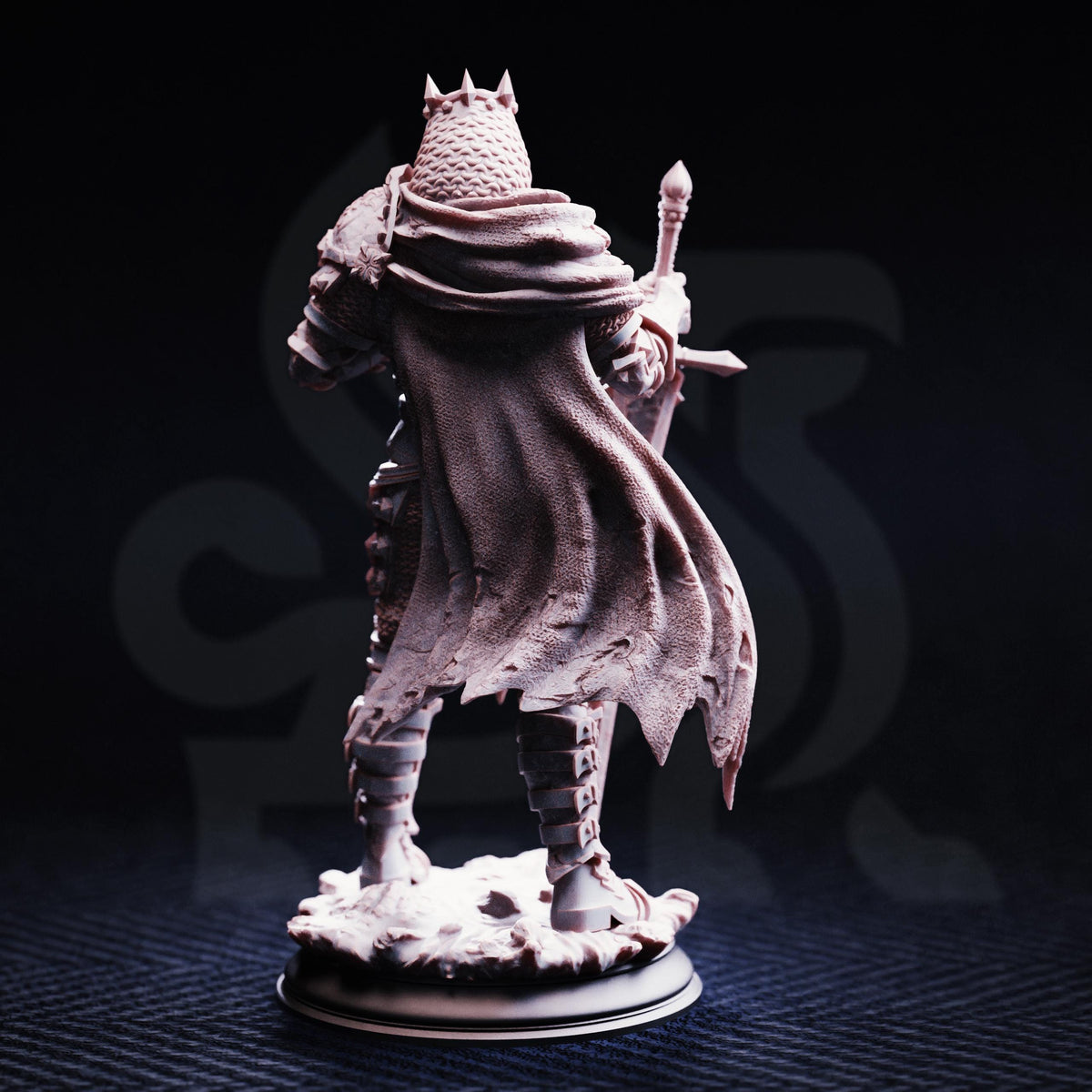 A 3D model of a knight in armor, standing on a base and holding a sword.