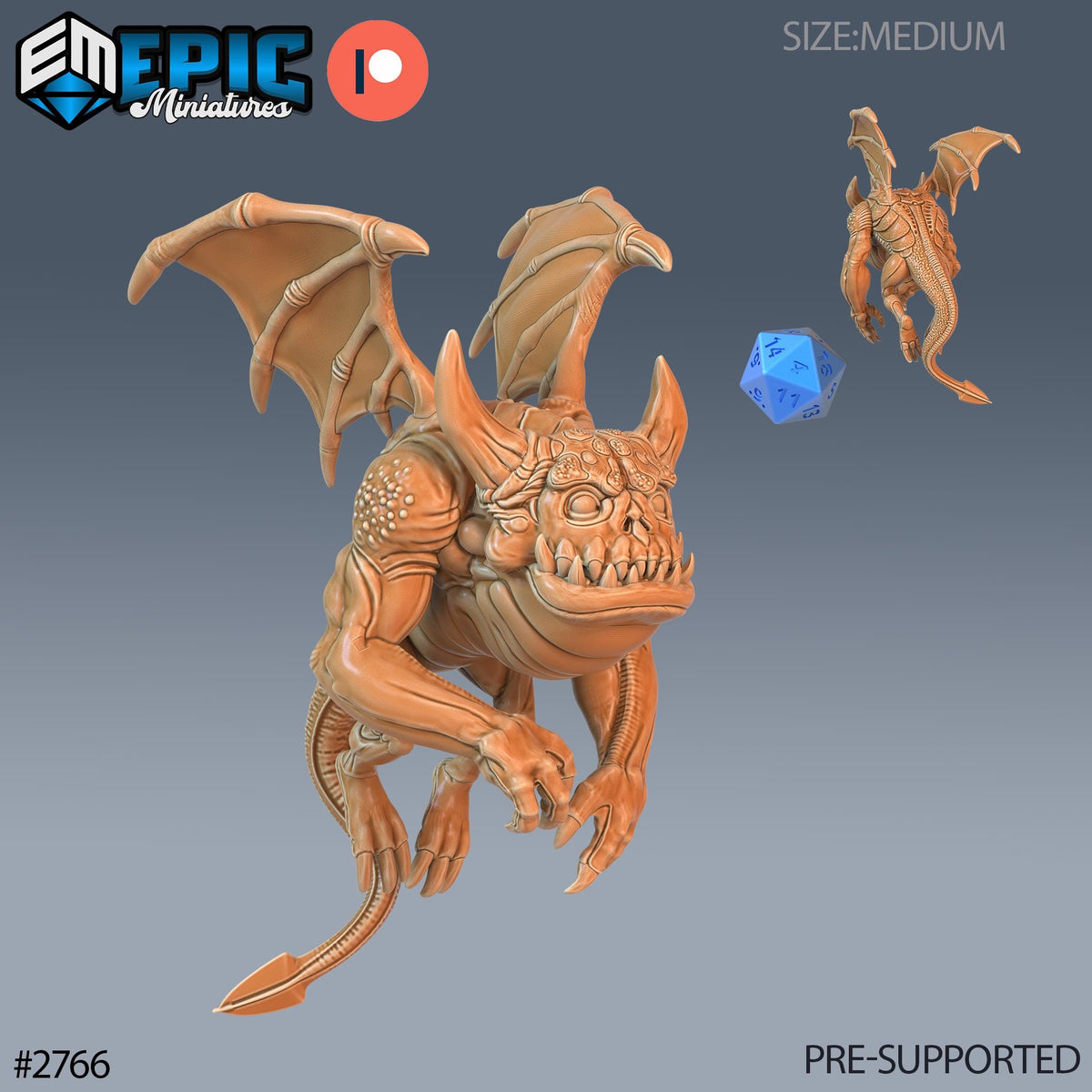 a 3D model of a dragon-like creature with wings and sharp teeth, along with a blue dice. The creature appears to be a miniature model, possibly used for tabletop or tabletop role-playing games.