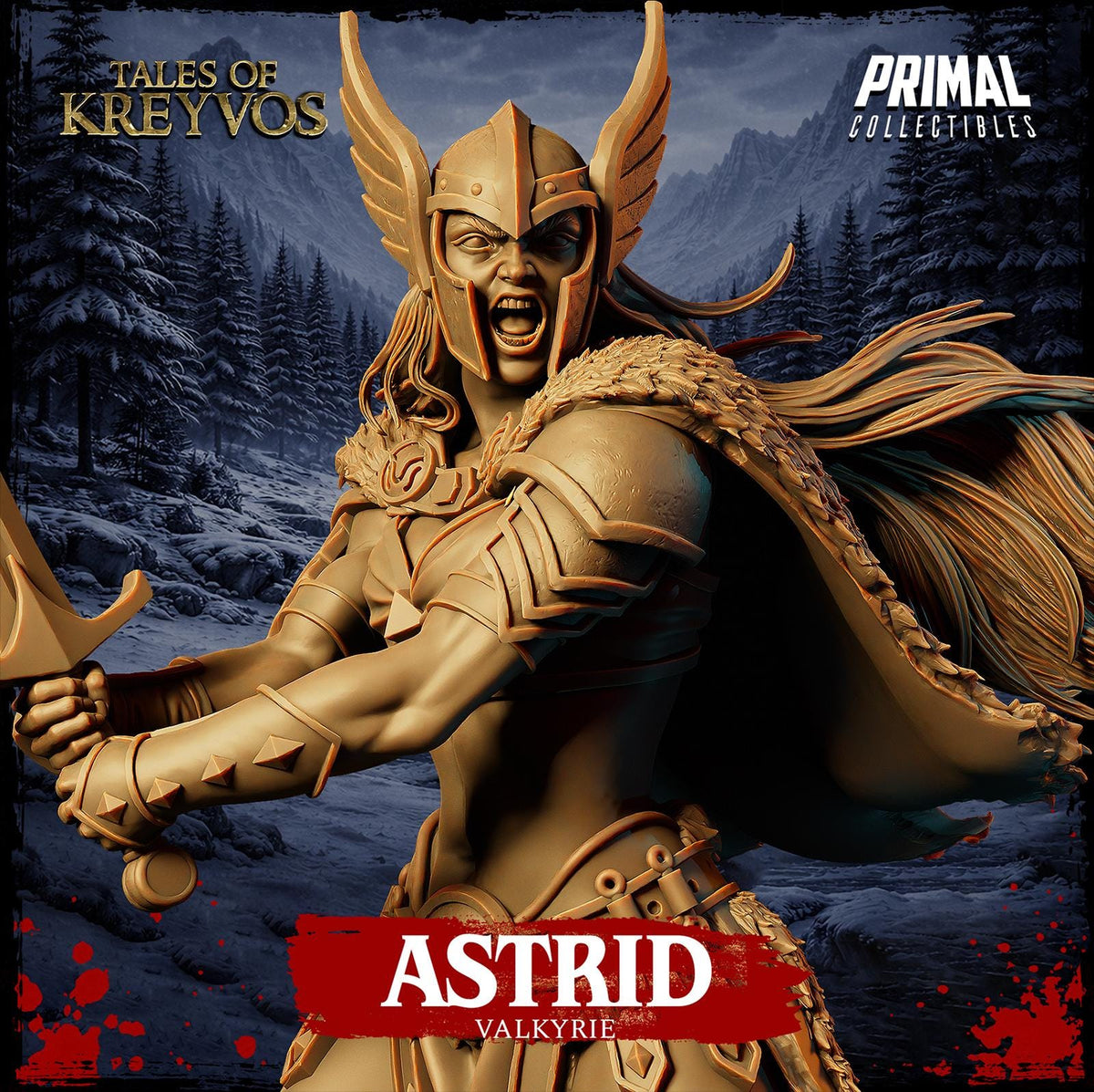 The image is a promotional poster for a fantasy video game, featuring a detailed statue of a warrior figure with a fierce expression and a flowing cape.