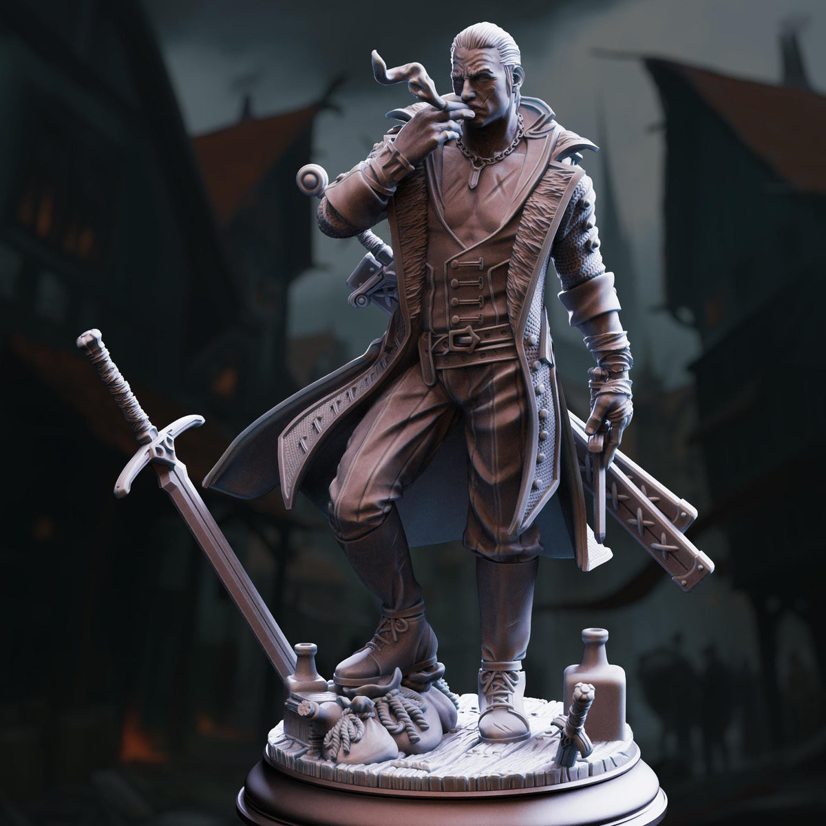 A detailed 3D model of a character with a sword and a pipe, standing on a platform and holding a pipe in his hand.