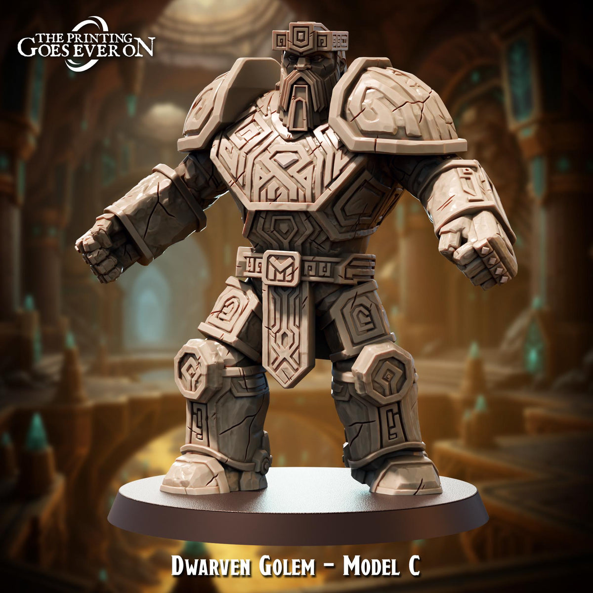 A detailed 3D model of a dwarf warrior from the video game The Printing Goes Ever On, specifically named Dwarven Golem - Model C.