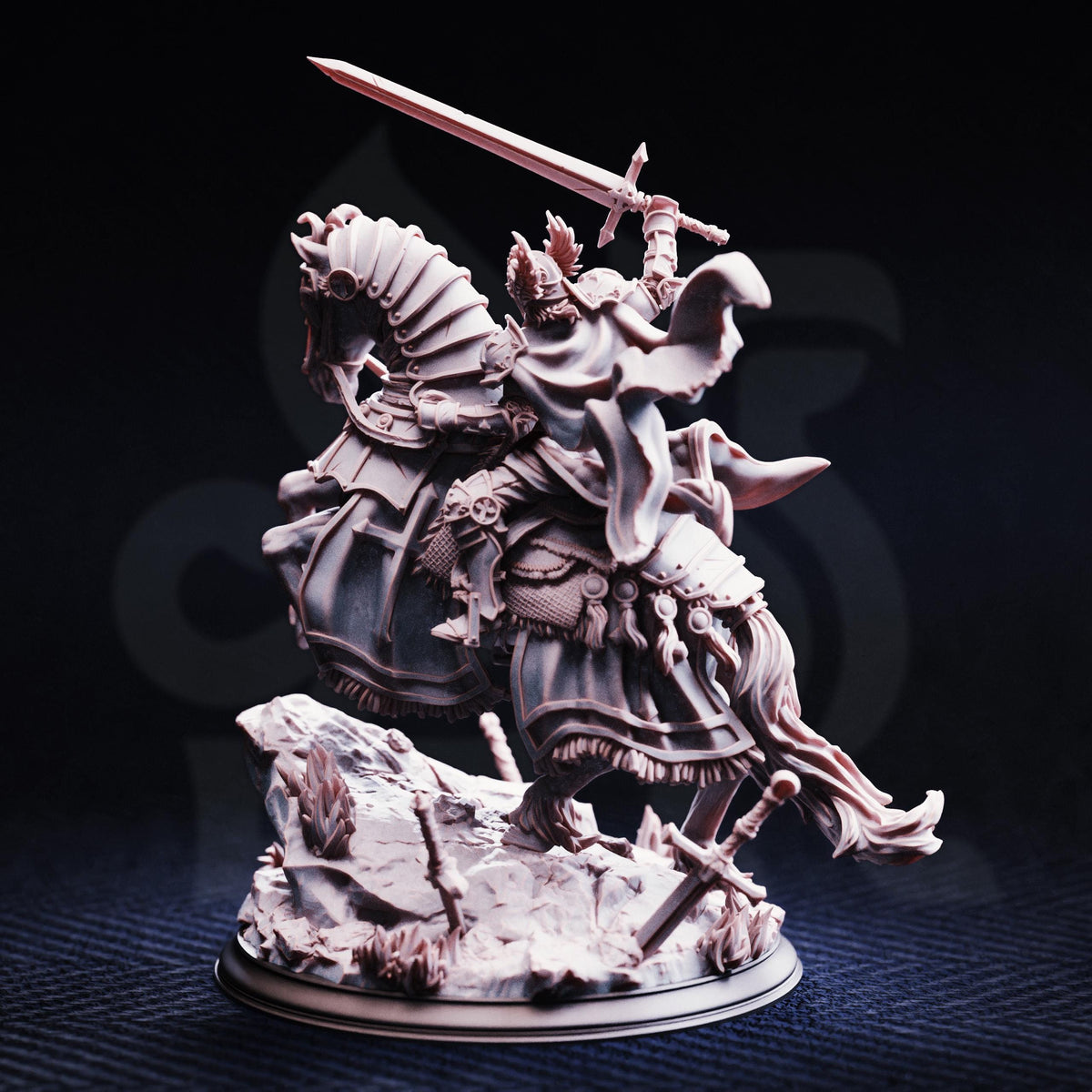 A detailed 3D model of a knight on horseback, wielding a sword and shield, set against a dark background.