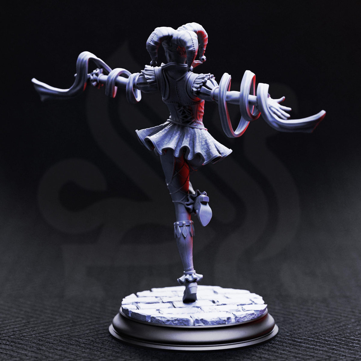 A 3D rendering of a female character with a flowing skirt and ornate jewelry, standing on a pedestal and holding a weapon.