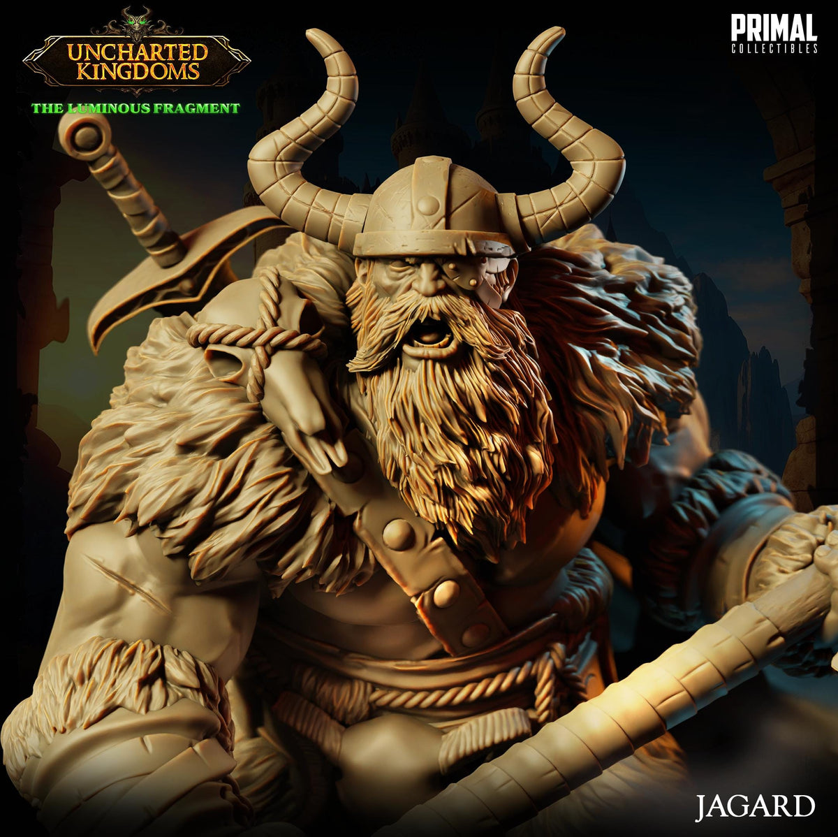 A detailed, detailed statue of a bearded Viking warrior holding a sword and shield, with horns and a large beard. The warrior is wearing a helmet with a visor and is holding a shield in one hand. The background features a dark, fantastical landscape with a castle or fortress.