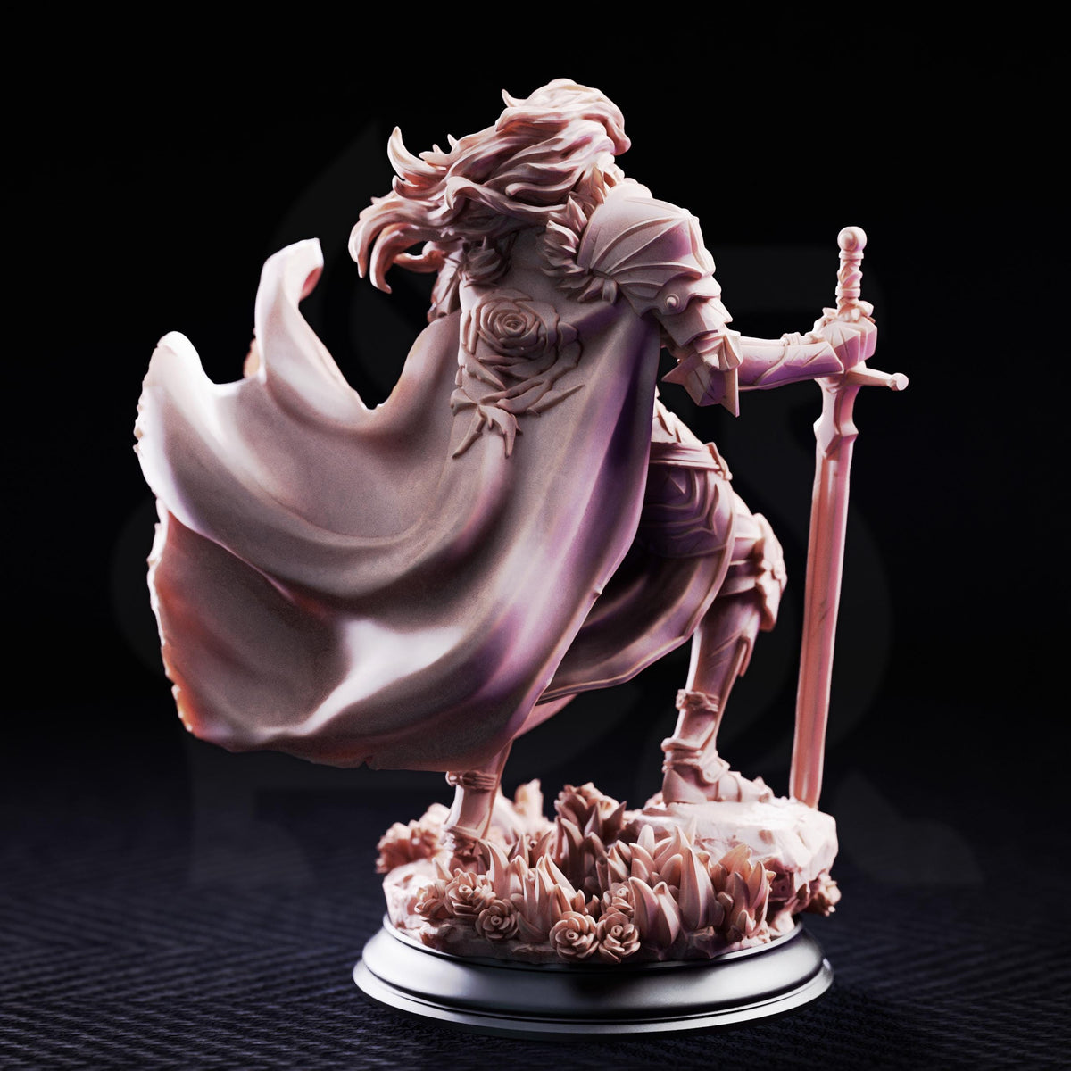A detailed 3D model of a female warrior figure, with flowing robes and a sword, standing on a base with flowers.