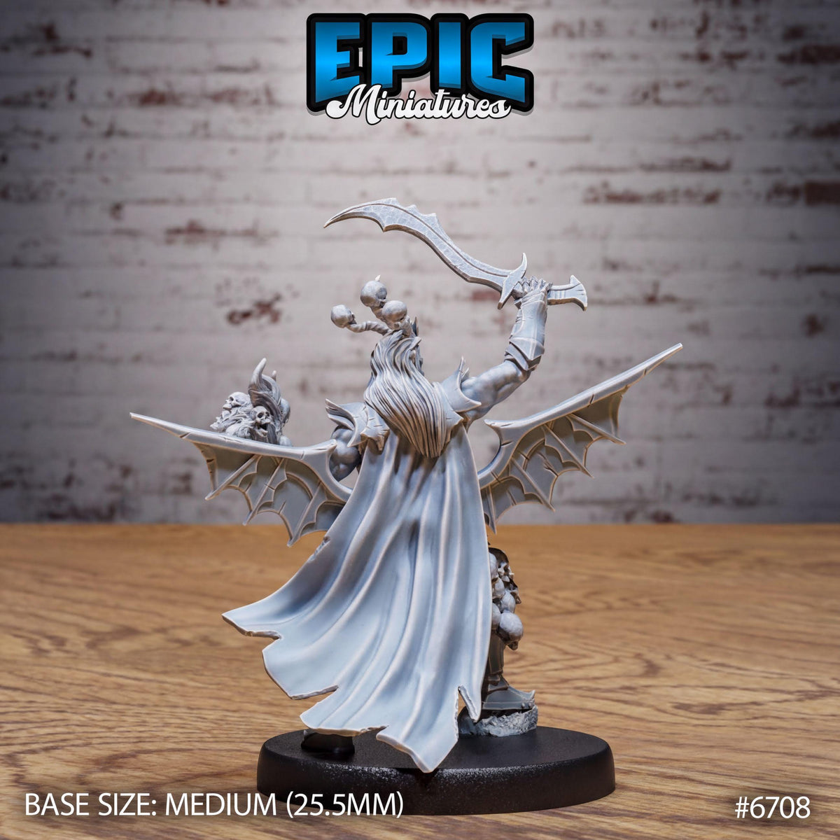 A figurine of a winged, winged creature with a long, flowing cape and a sword in its hand, set against a brick wall background.