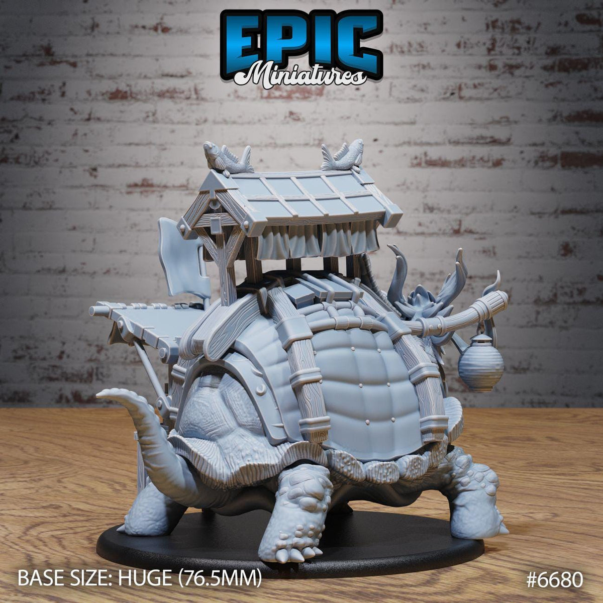 a large, detailed model of a turtle-like creature with a unique, intricate design. The turtle is positioned on a black base and appears to be a miniature model of a larger, more complex turtle-like structure. The image is described as a "base size: huge (76.5mm)" and is tagged with the number "6880".