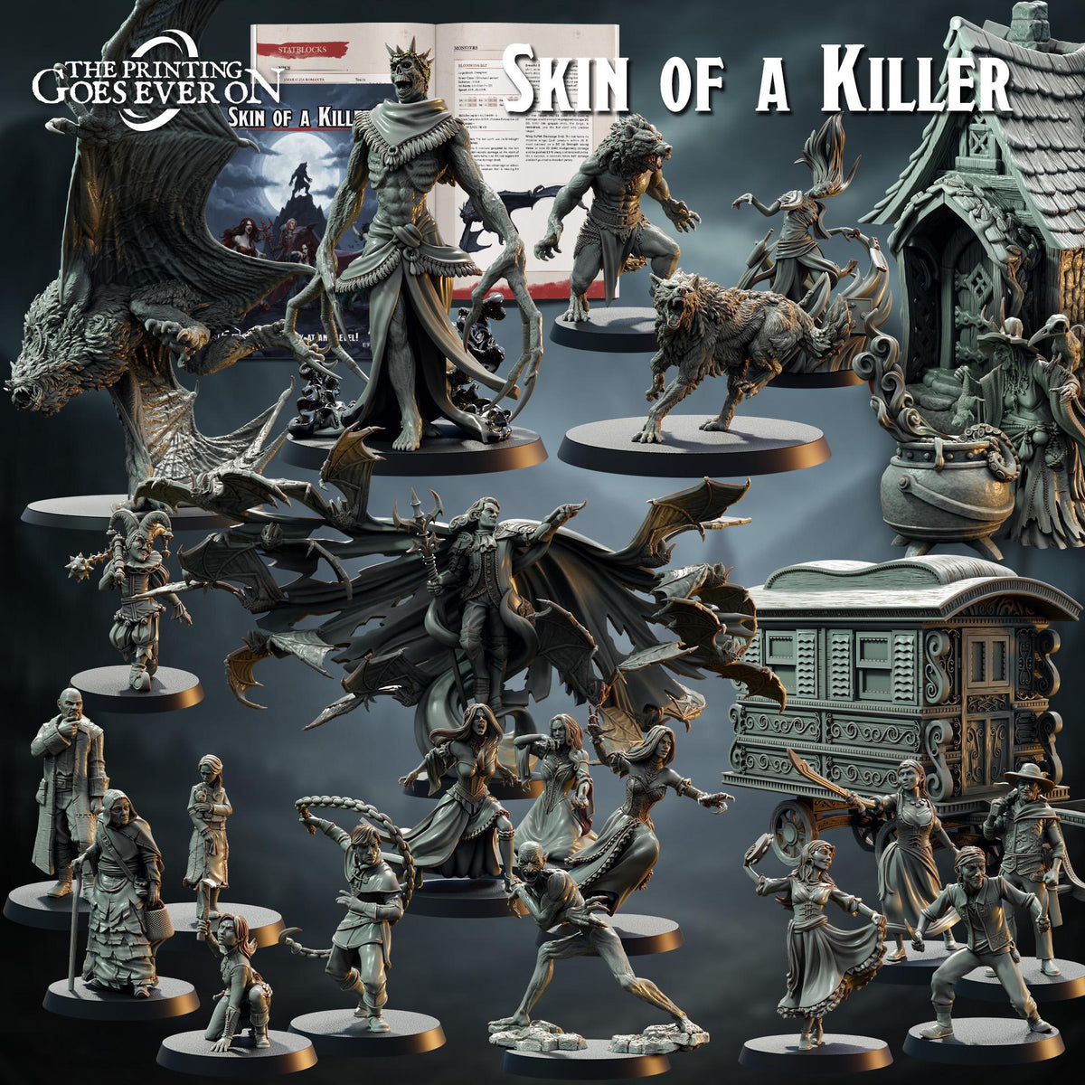 The image is a collage of various figurines and scenes depicting characters and elements from a fantasy or science fiction setting.