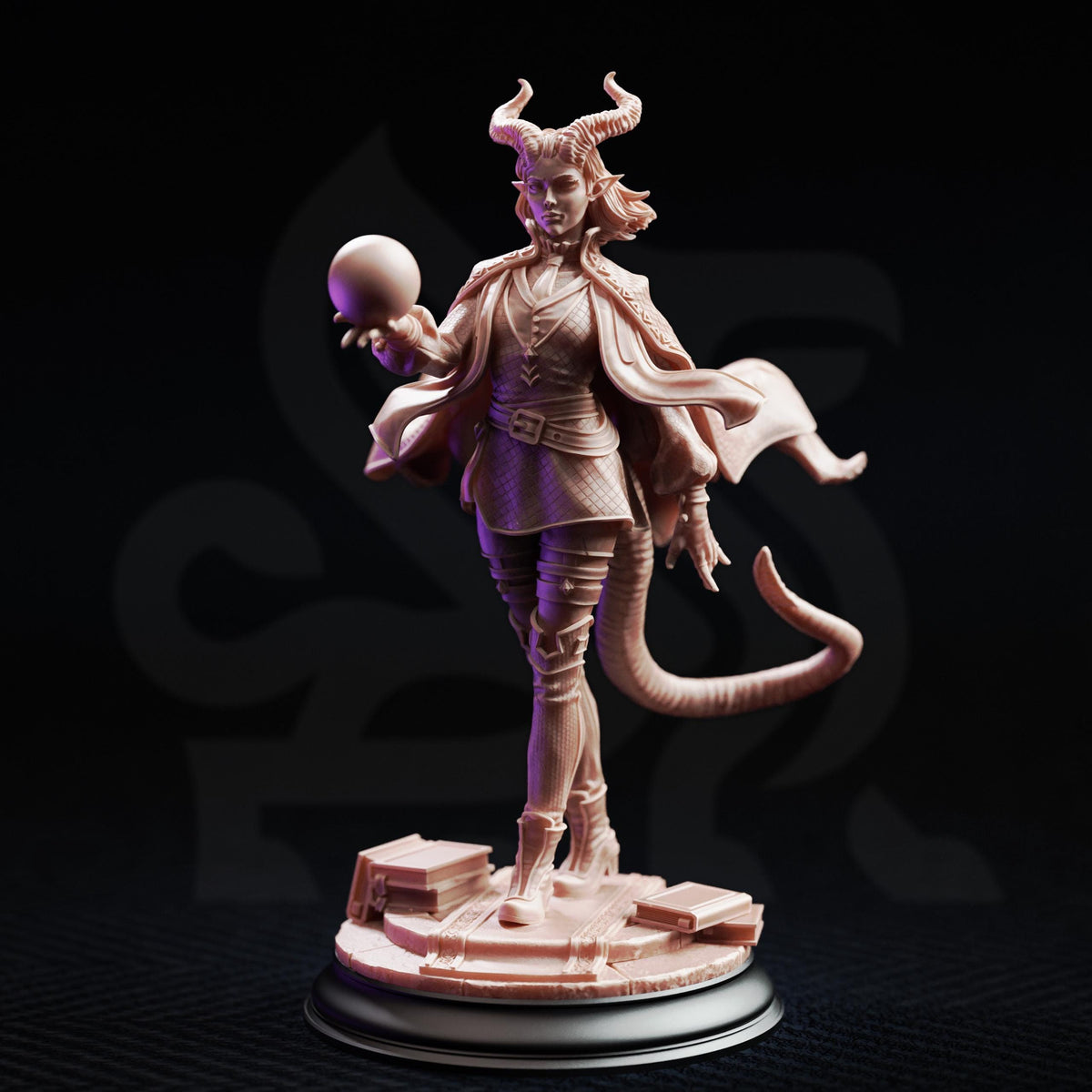A figurine of a woman with horns, holding a ball and standing on a platform.