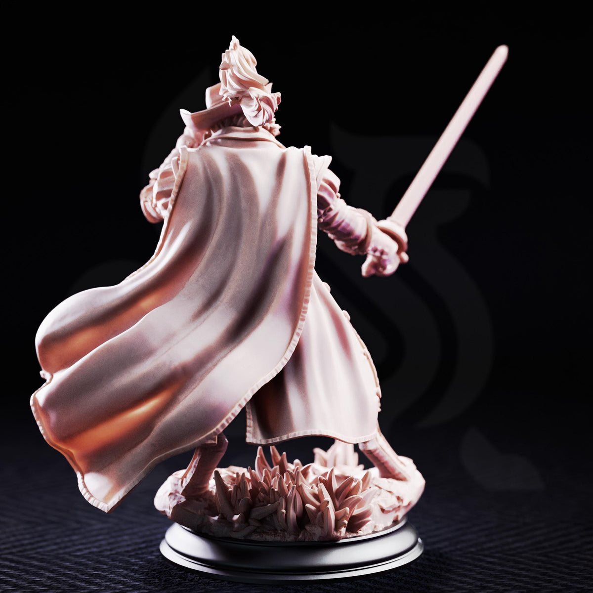 A figurine of a person in a flowing robe holding a sword, standing on a base with a dark background.