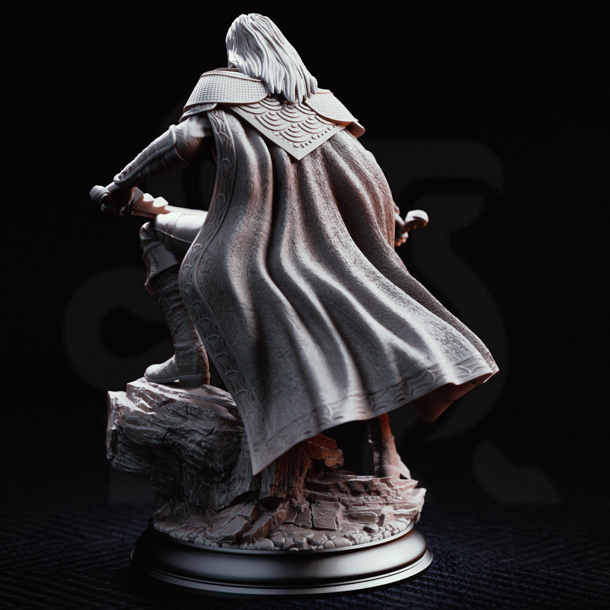 A detailed 3D rendering of a statue depicting a figure in a flowing cape, standing on a rocky base.