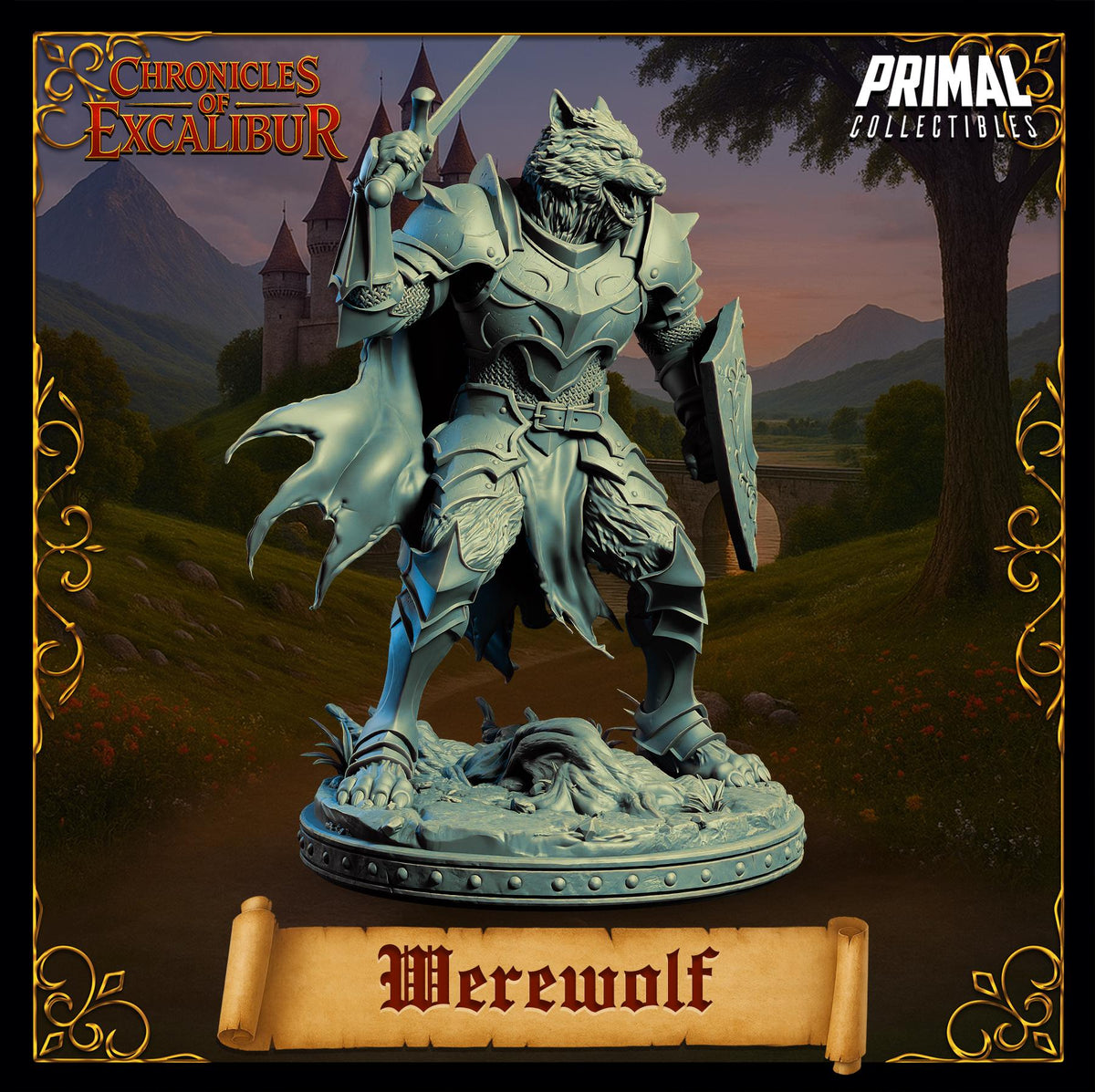 A statue of a werewolf, wearing armor and holding a sword, stands in a fantasy setting with mountains and a castle in the background.