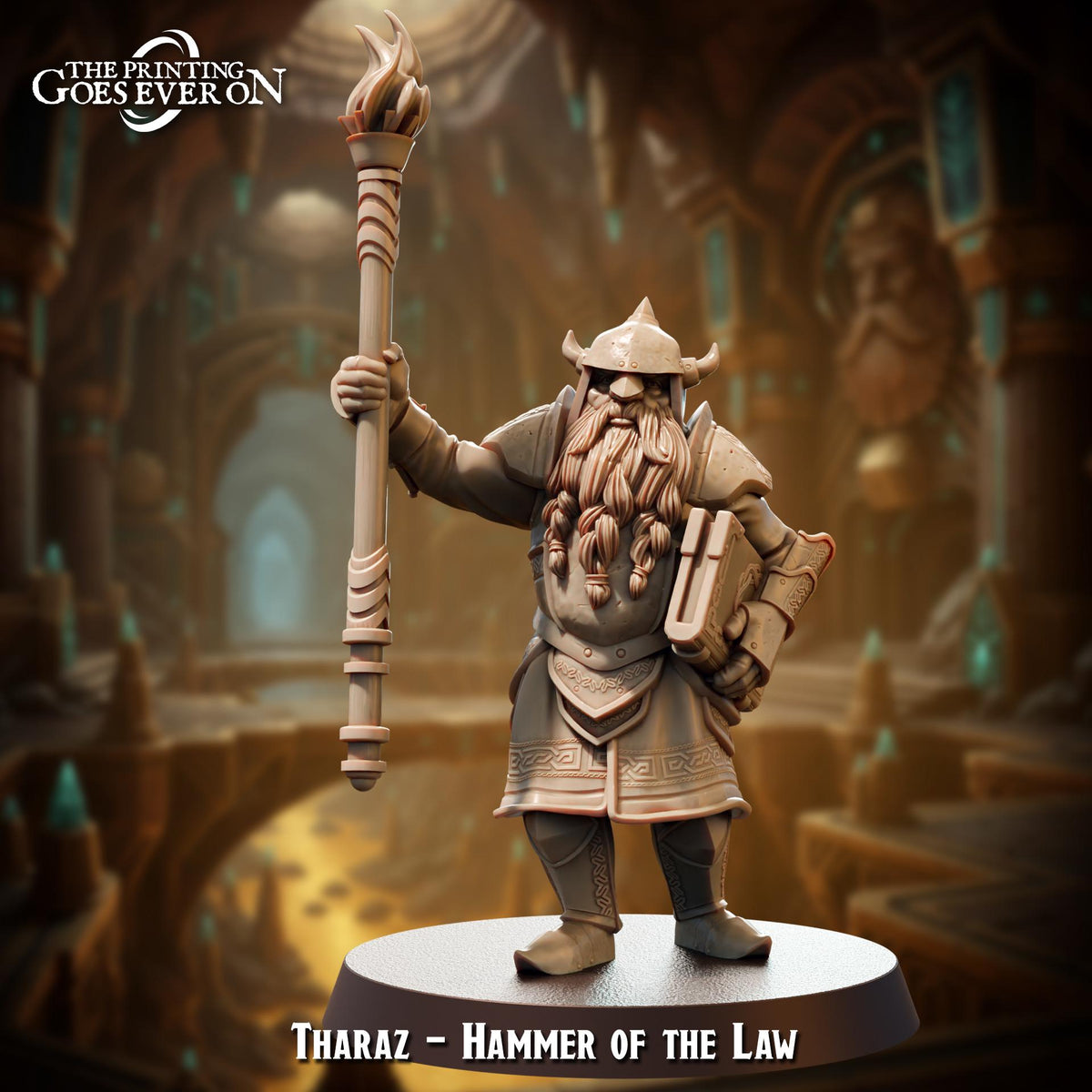 A figurine of a dwarf character named Tharaz, who is described as the "Hammer of the Law".