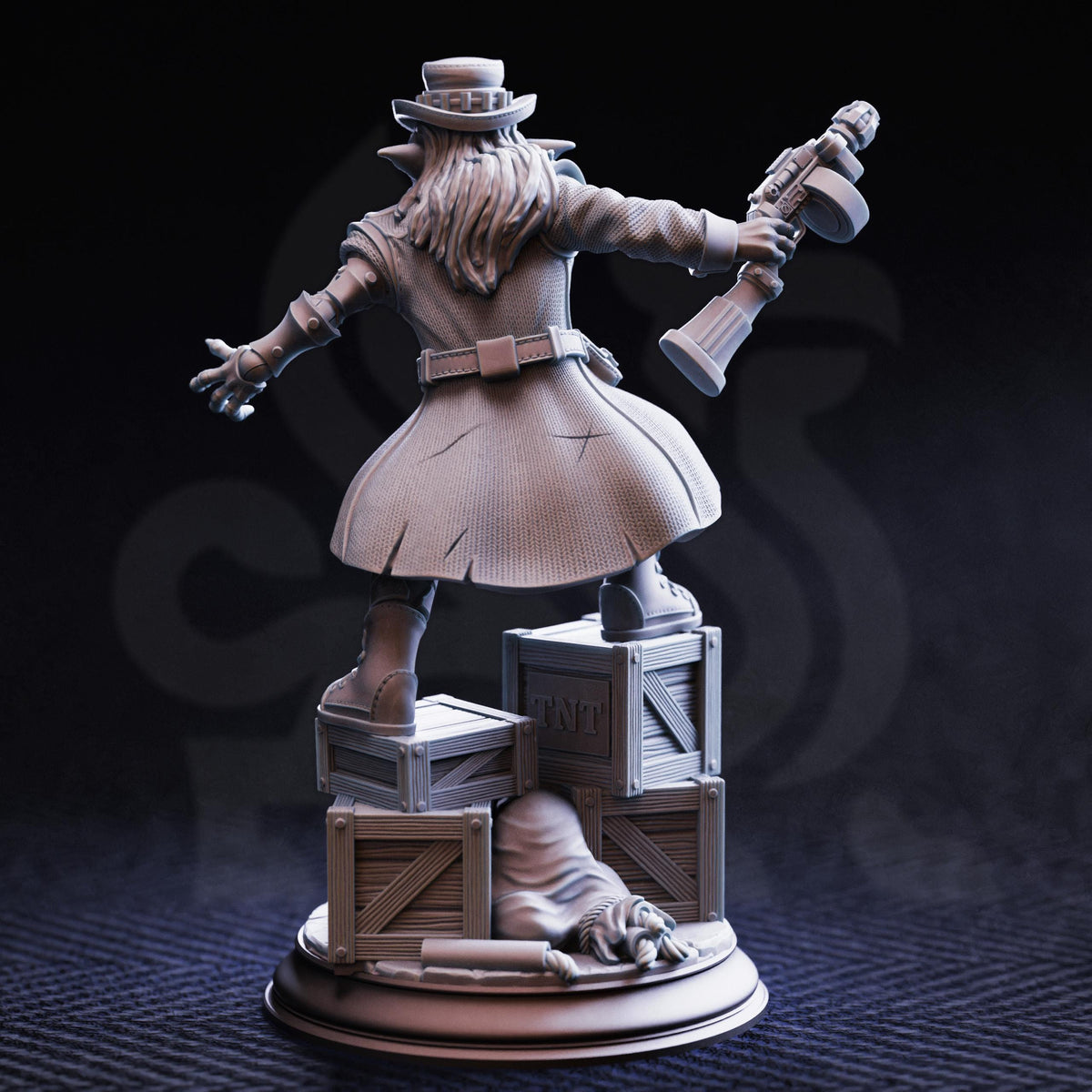 A 3D rendering of a character in a trench coat, holding a gun and standing on a platform with crates.