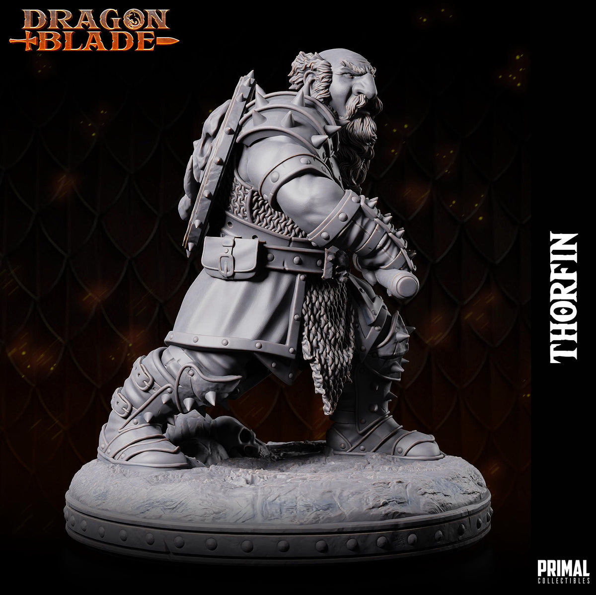 A detailed 3D model of a heavily armored dwarf warrior figure, with a chainmail-covered body and a large backpack. The figure is standing on a platform and appears to be in a fighting stance.