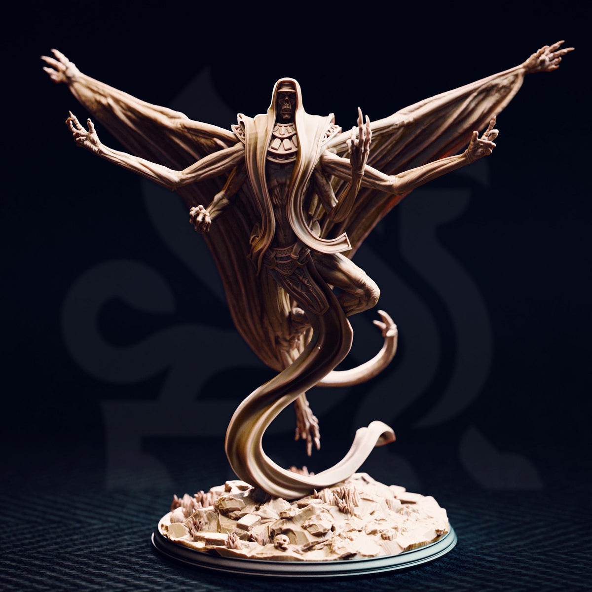 A detailed sculpture of a fantastical creature with multiple arms and a flowing, organic form, set against a dark background.