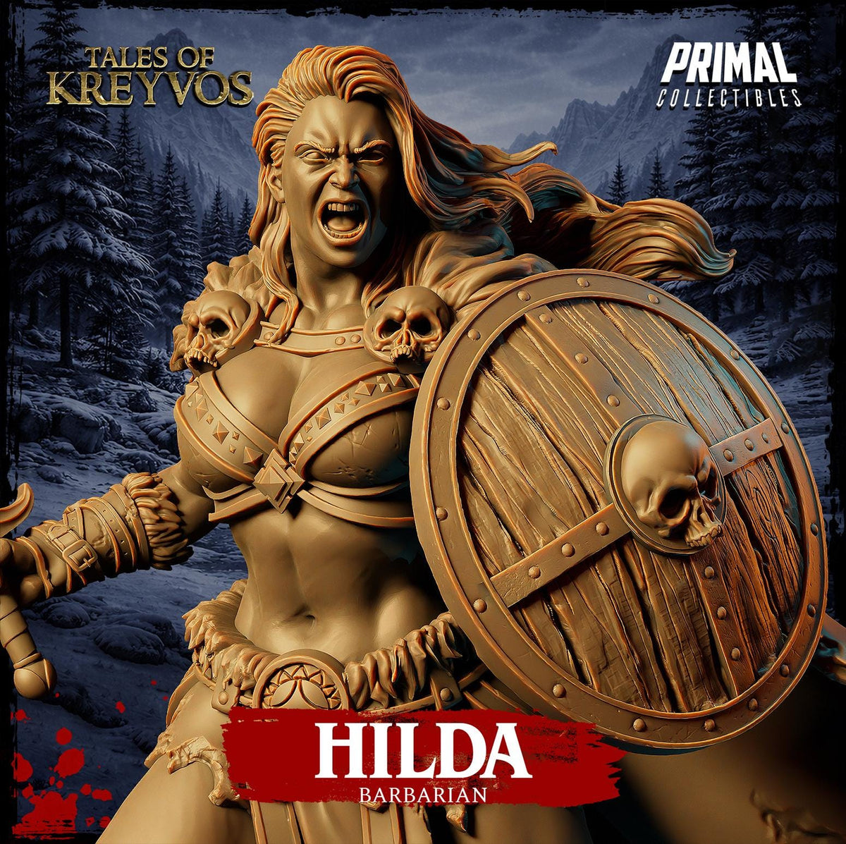 The image is a detailed sculpture of a female warrior character named Hilda, who is depicted as a barbarian from the "Tales of KreyVos" series.