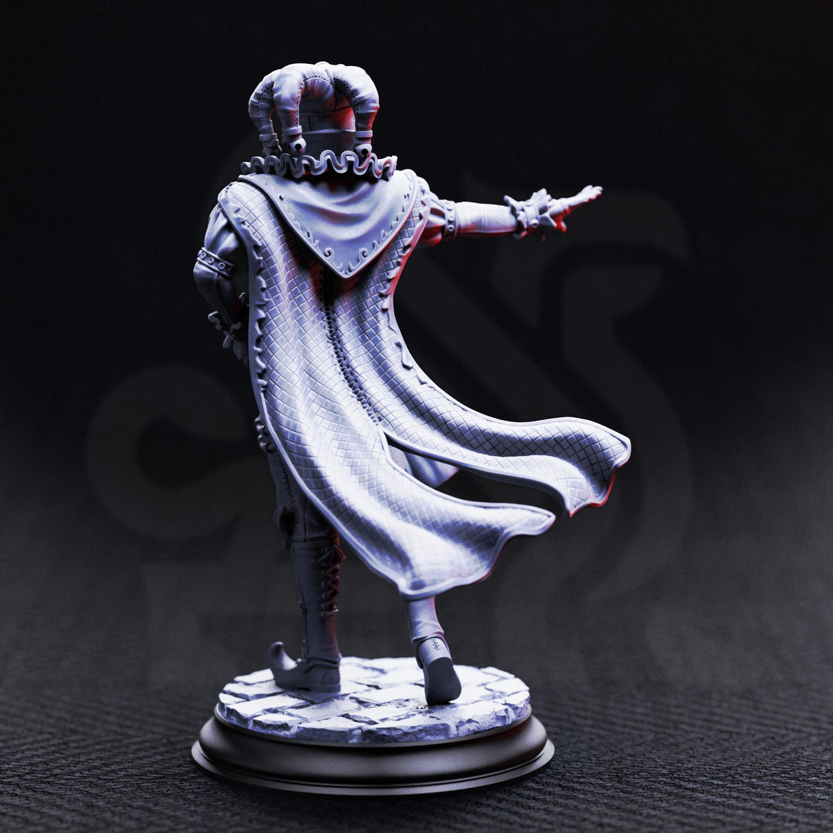A statue of a person wearing a cape and standing on a pedestal against a dark background.