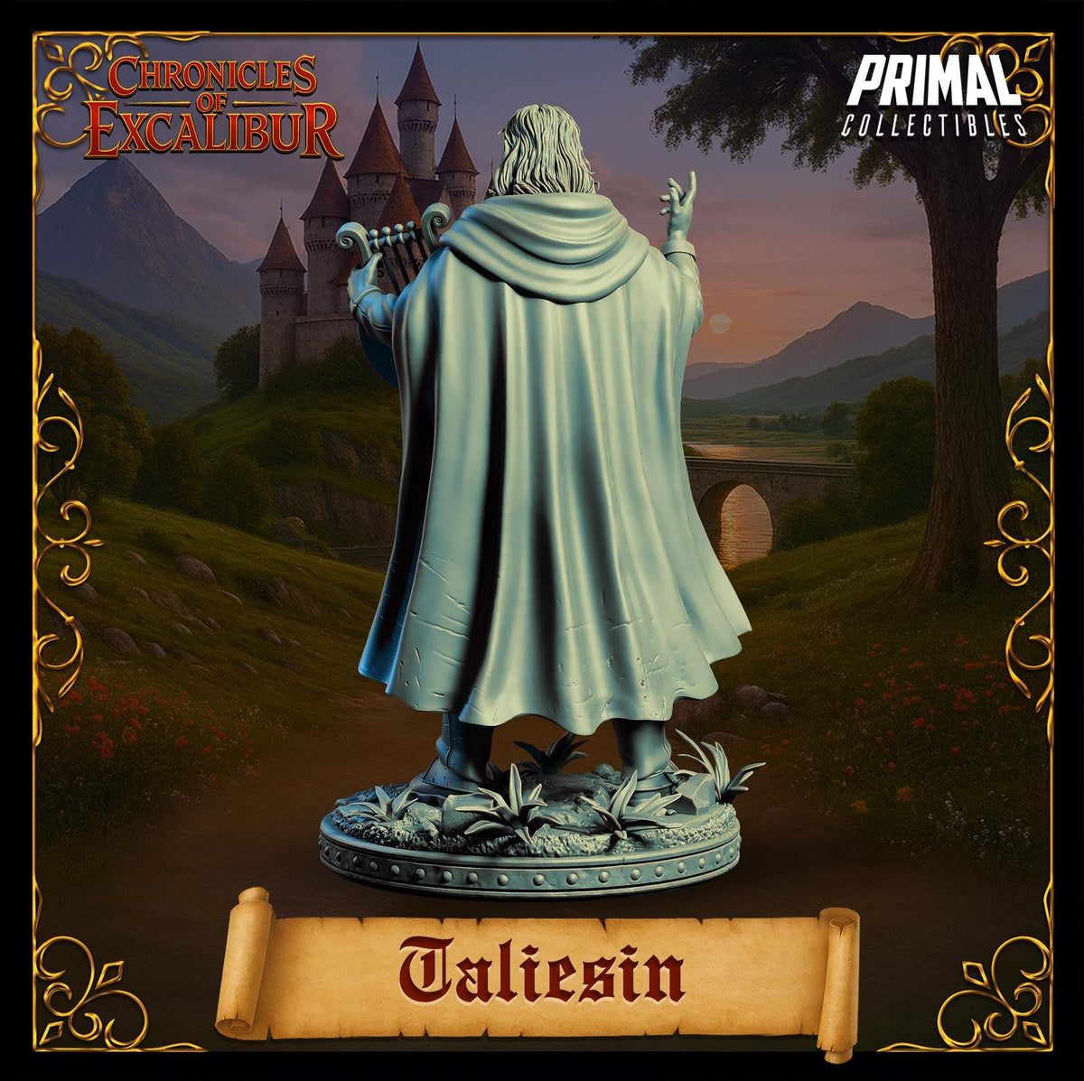 a statue of a man with a cape, standing in front of a castle and a landscape with mountains in the background. The statue is titled "Talesin" and is part of the "Chronicles of Excalibur" series.