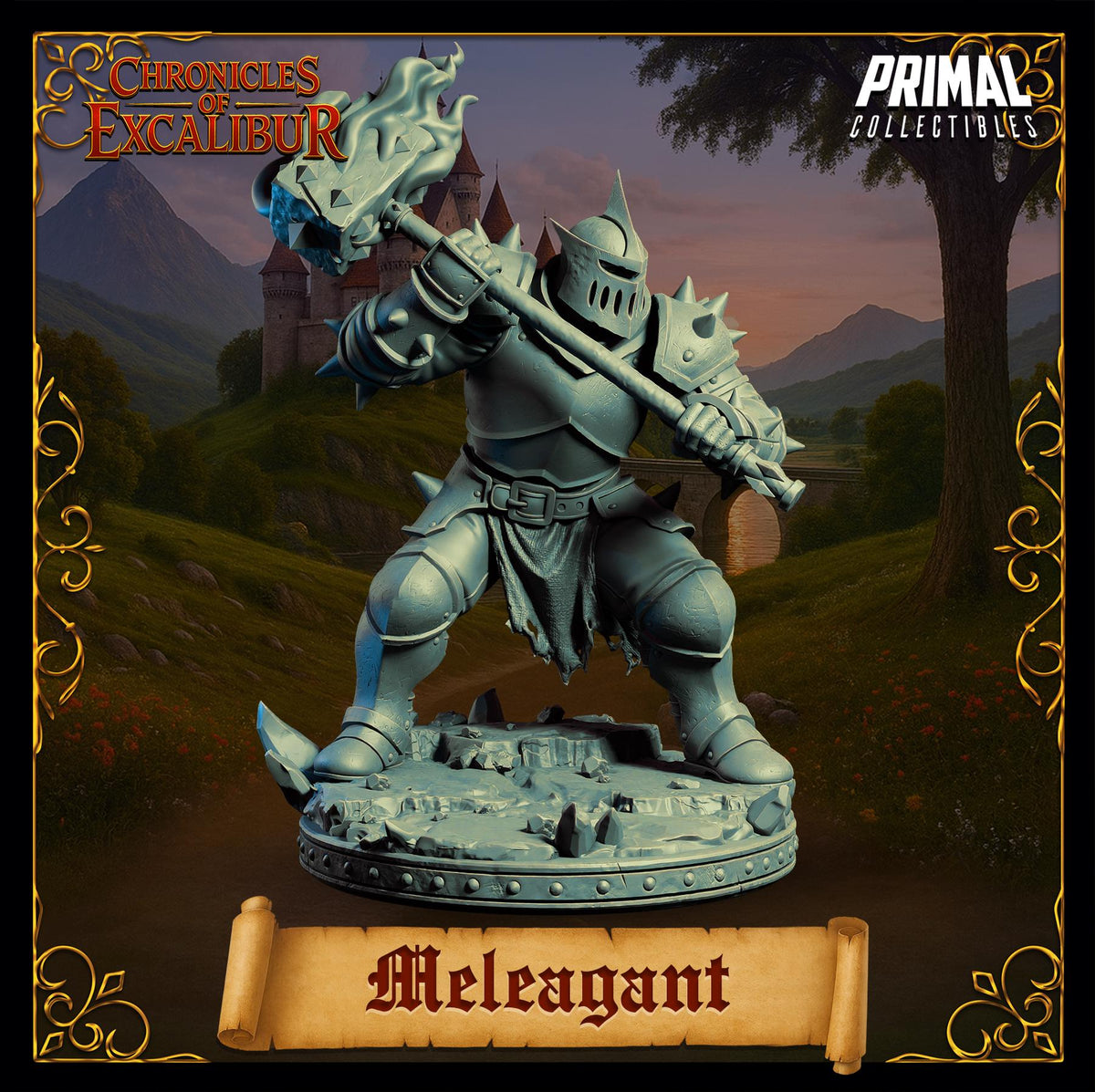 A statue of a knight in shining armor, holding a sword and shield, standing on a pedestal with the name "Mleagant" written below it.