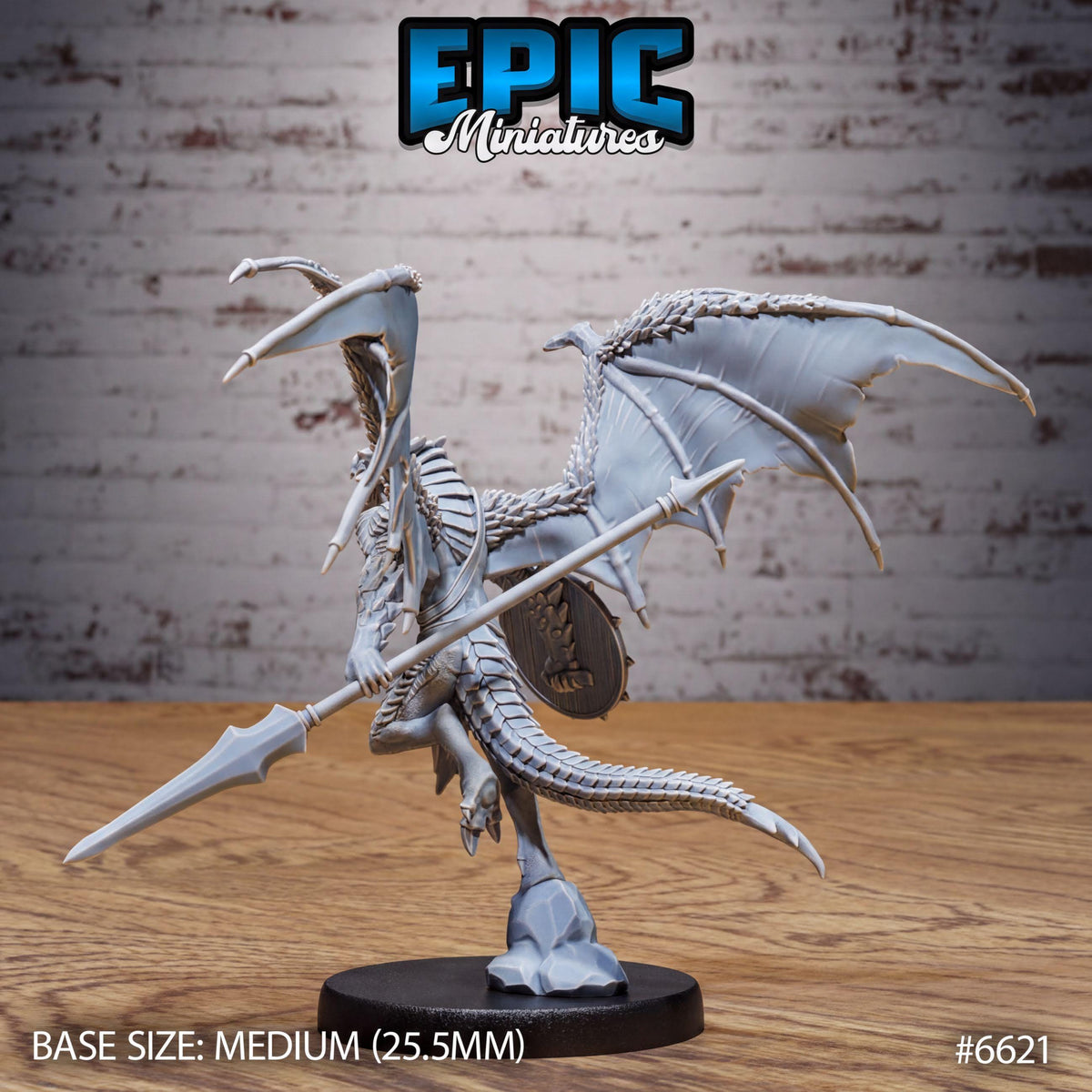 A detailed model of a winged creature, possibly a dragon or mythical beast, with a long weapon in its hands. The creature is depicted in a dynamic pose, with its wings spread wide and the weapon held firmly. The background is a simple brick wall, providing a stark contrast to the intricate details of the model. The image is labeled with the text "EPIC Miniature" and "BASE SIZE: MEDIUM (25.5MM)" indicating the scale and size of the model.