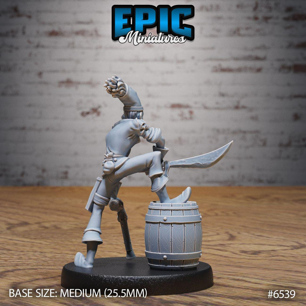 A figurine of a pirate standing on a barrel, with a sword in hand, against a brick wall background.