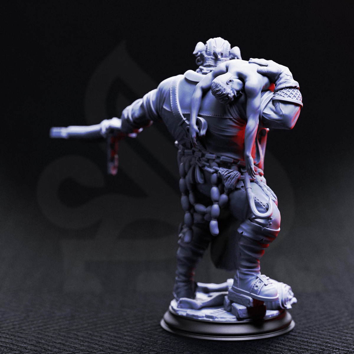 A detailed 3D model of a character with a sword and a female figure on their back, set against a dark background.