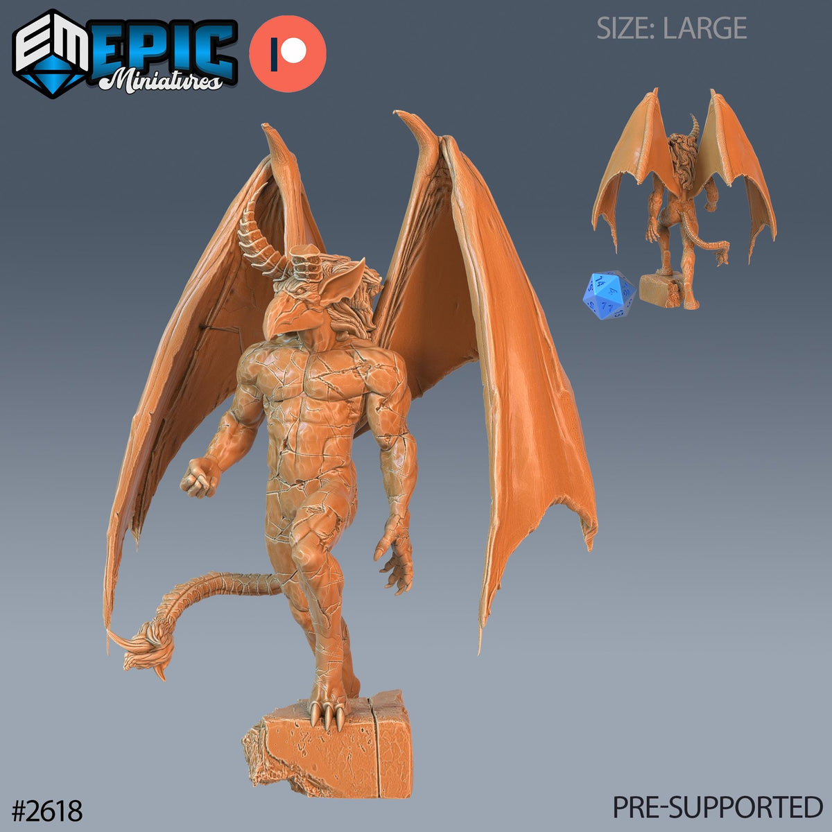 a large, detailed figurine of a winged creature, possibly a dragon or a mythical beast, with a dragon-like head and wings. The figurine is shown in two different sizes, with the larger version being a full-sized representation and the smaller version being a smaller, possibly a miniature version. The image does not contain any text or additional objects, and the focus is solely on the figurine and its features.