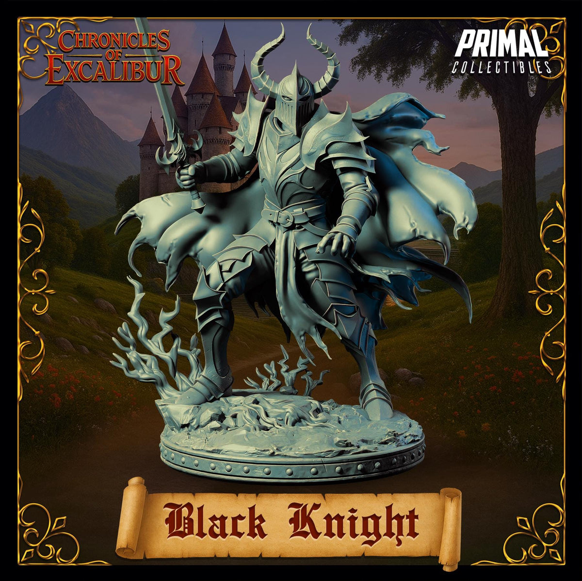 Black Knight miniature from Chronicles of Excalibur, detailed design ideal for D&D and collectors.