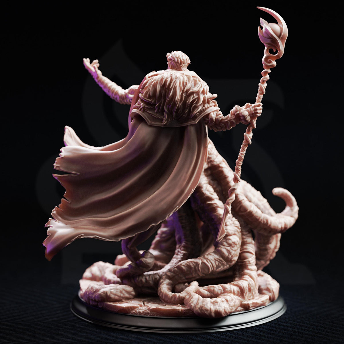 A detailed 3D model of a fantastical creature, possibly a dragon or serpent, with flowing robes and a staff, set against a dark background.