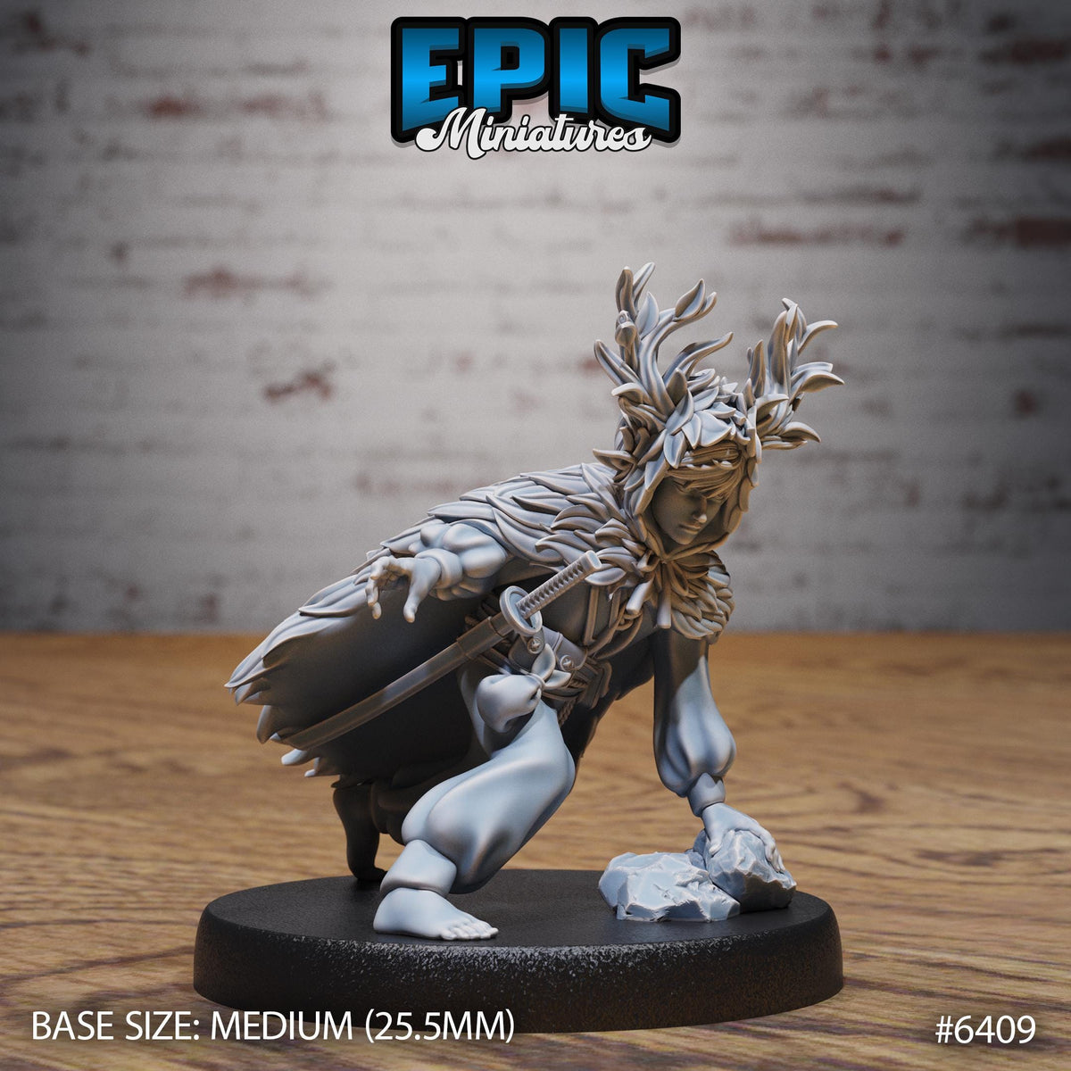 A figurine of a character with a large headdress and a sword, sitting on a black base. The figurine appears to be a miniature model of a fantasy character.