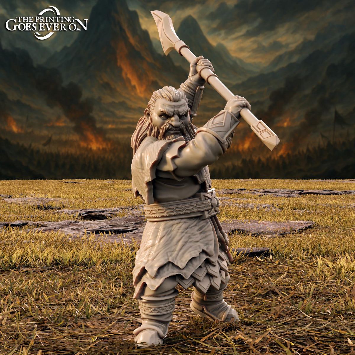 A statue of a bearded warrior wielding a large weapon stands in a field against a backdrop of mountains and a fiery sky.