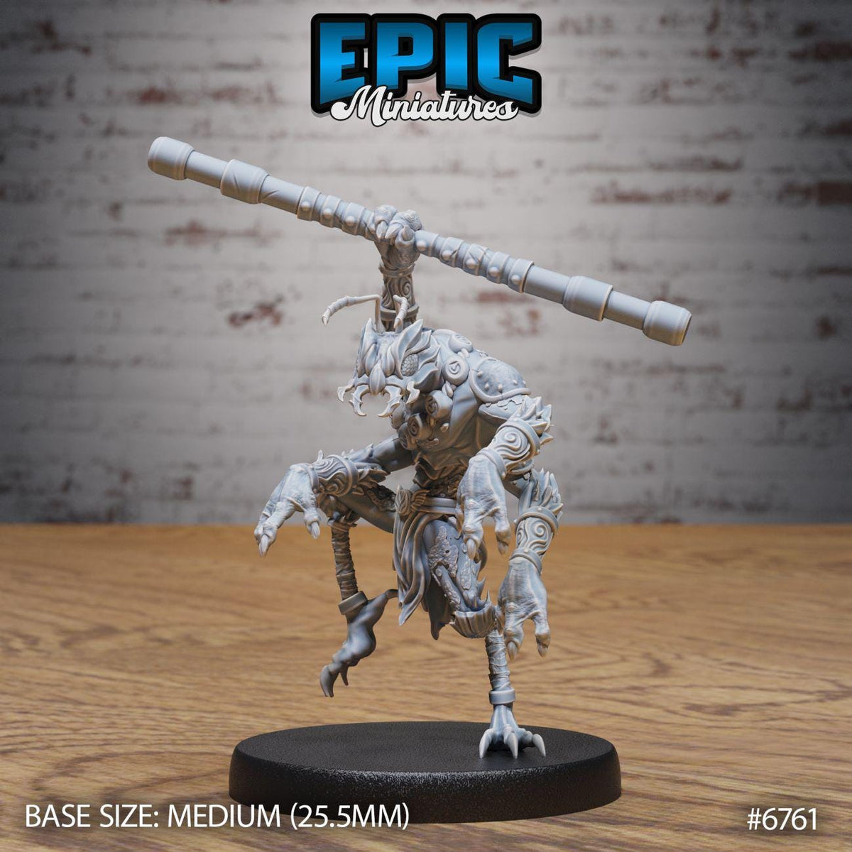 A detailed figurine of a fantastical creature, possibly a monster or a dragon, with a long weapon in its hand, standing on a black base. The figurine is set against a brick wall background.