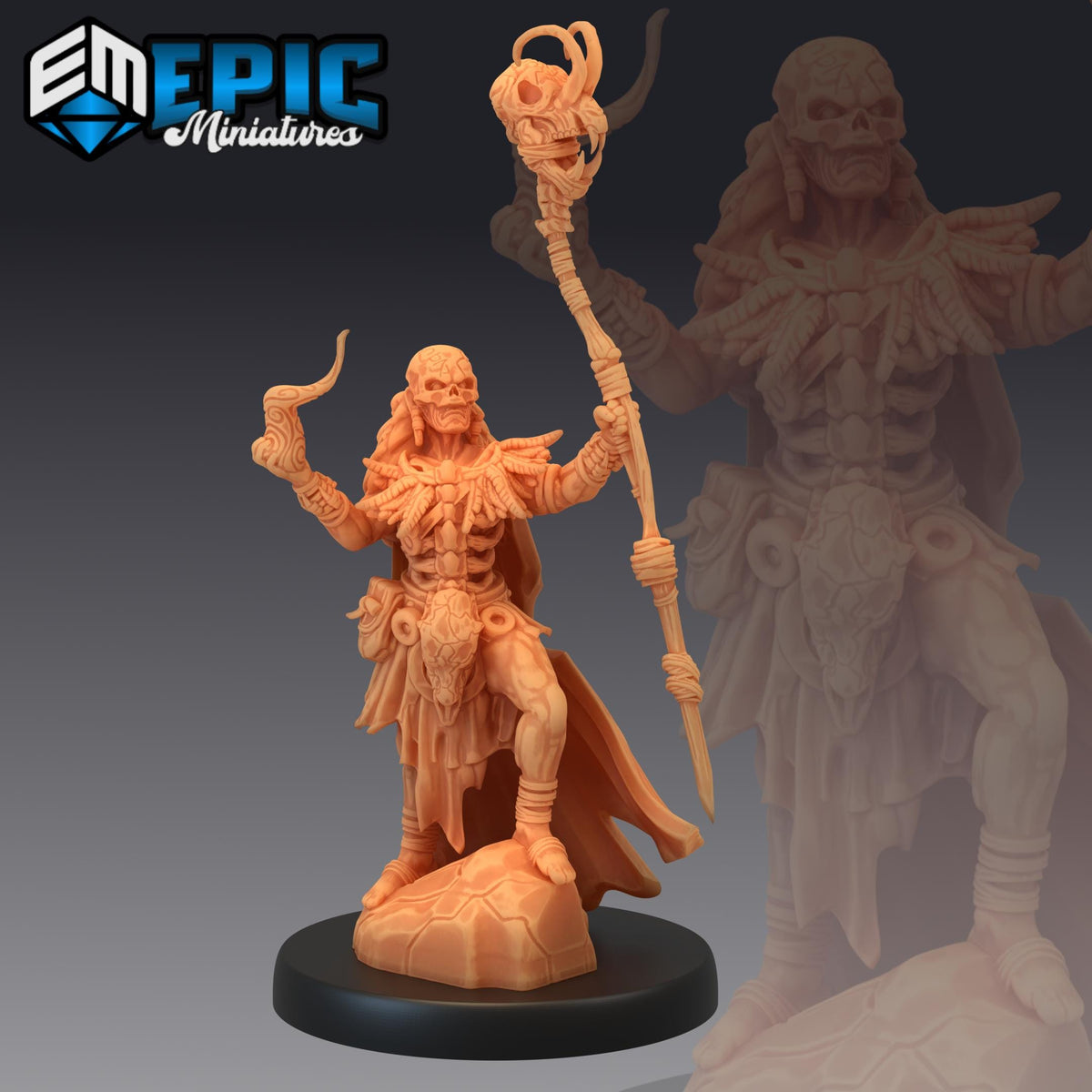 a figurine of a skeletal character holding a staff and a staff-like object, standing on a rock.