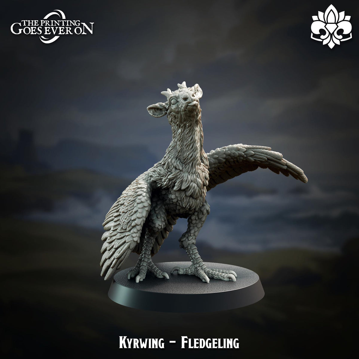 A figurine of a winged creature, possibly a mythical or fantastical being, standing on a platform against a dark, cloudy background.
