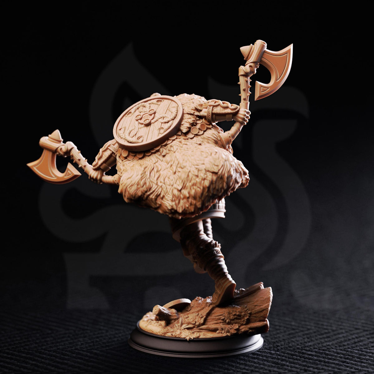 A figurine of a warrior with a large head and a beard, holding two large weapons, is depicted in the image.