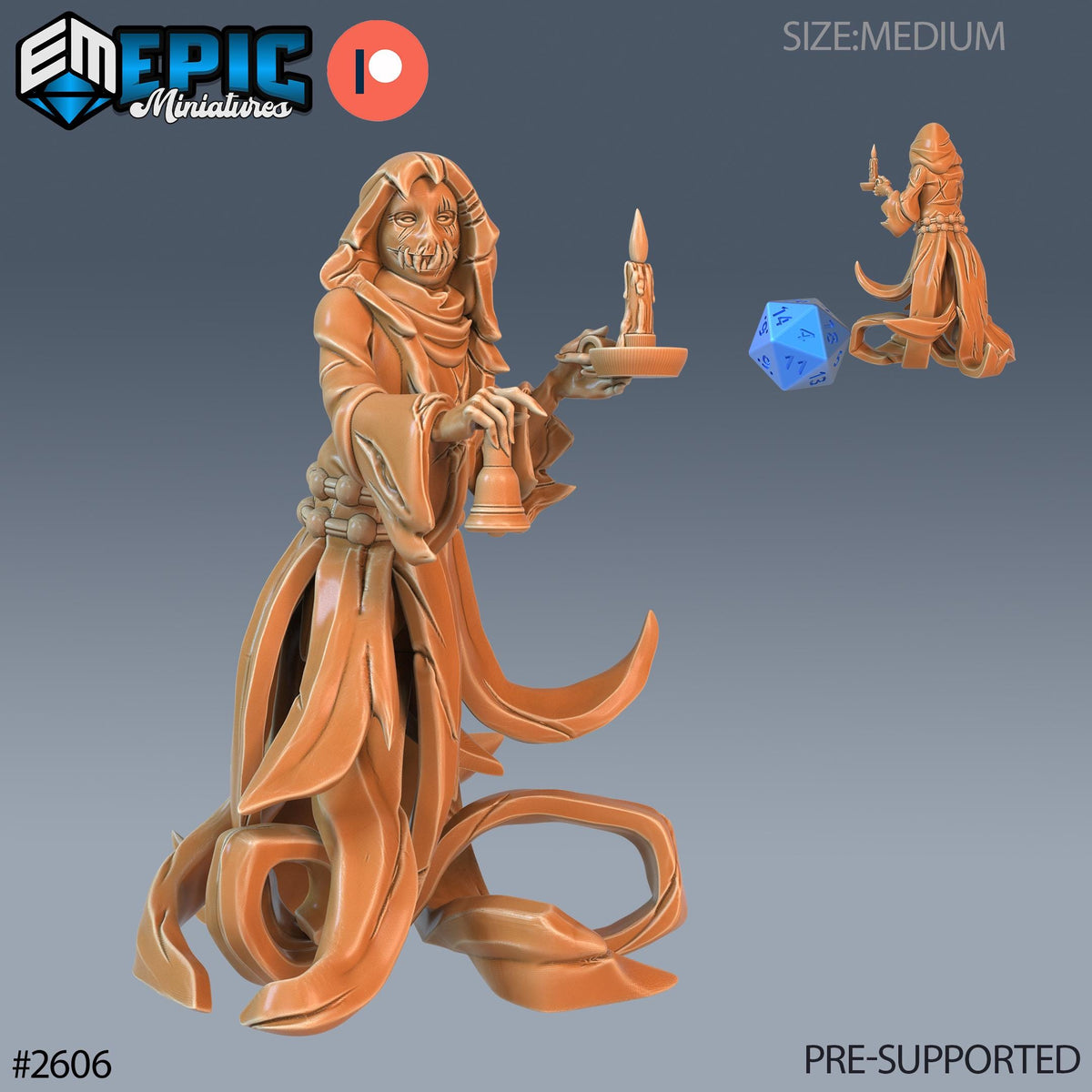 The image is a 3D rendering of a fantasy character, possibly a deity or magical being, holding a candle and a dice. The character appears to be made of a shiny, orange material and is depicted in a dynamic pose. The image is pre-supported, meaning it is ready to be used in a game or other creative project.