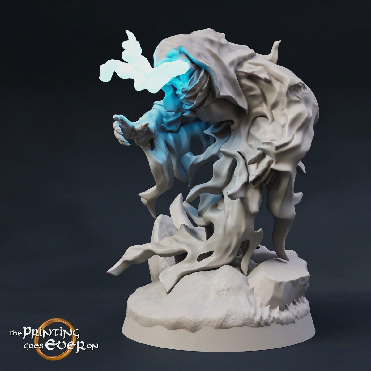 A 3D rendering of a fantastical, ethereal creature with a glowing blue aura, standing on a rocky base and appearing to be in motion.