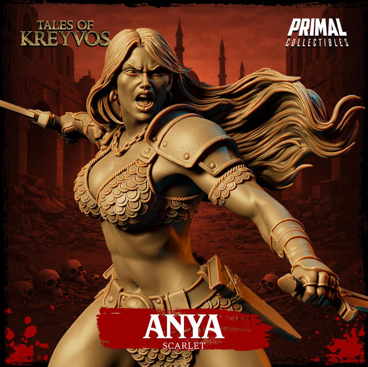 The image is a statue of a female warrior character named Anya, who is depicted in a dynamic fighting stance with her arms raised and a fierce expression on her face.