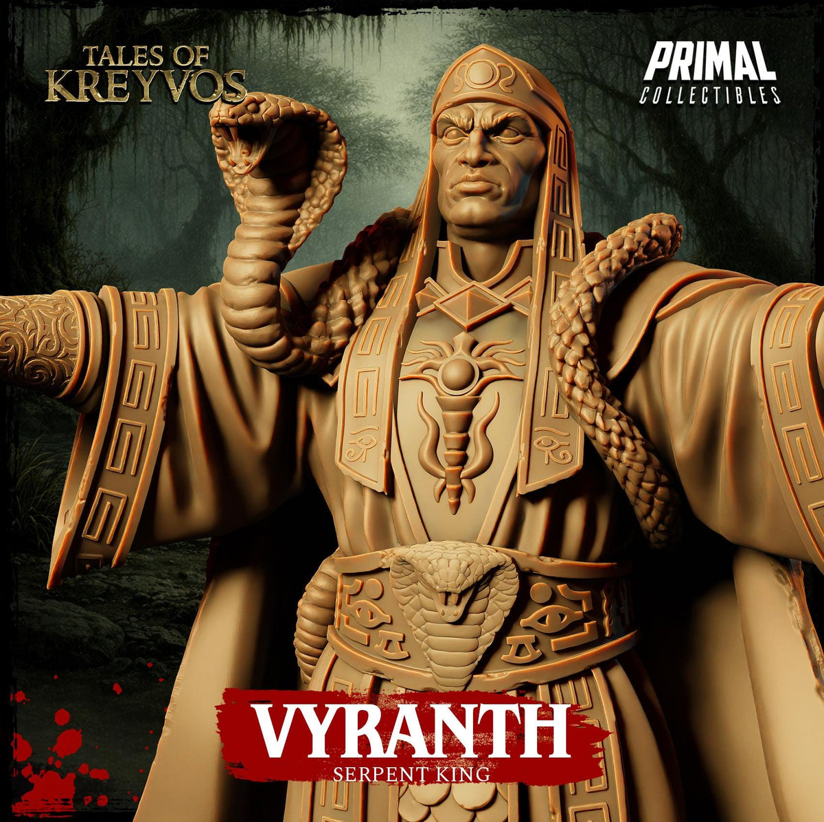The image is a statue of a serpent king, specifically Vyranch, from the "Tales of Kreyvos" series.