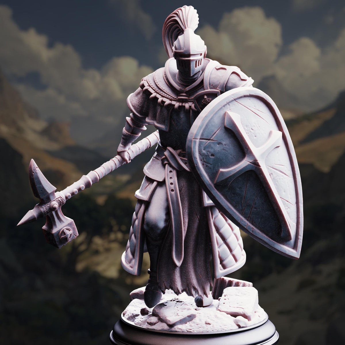 A detailed 3D model of a knight in armor, holding a shield and sword, standing in a mountainous landscape.