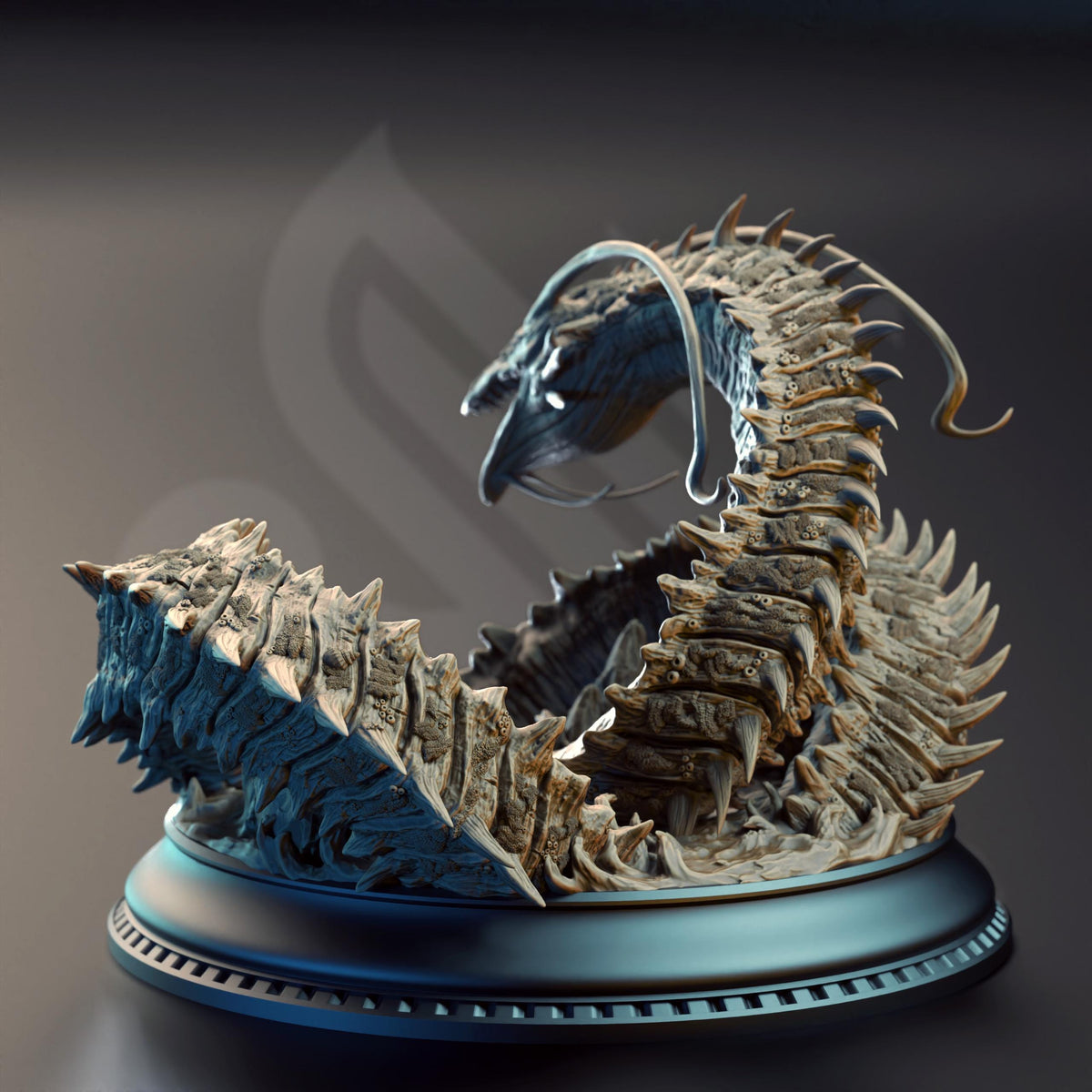A detailed 3D rendering of a large, intricate, and fantastical creature resembling a coiled snake or serpent. The creature has a long, flexible body with numerous scales and sharp teeth, giving it a fierce and menacing appearance. The creature is displayed on a pedestal, which is placed on a dark surface, creating a striking contrast between the dark background and the creature's metallic and textured features.