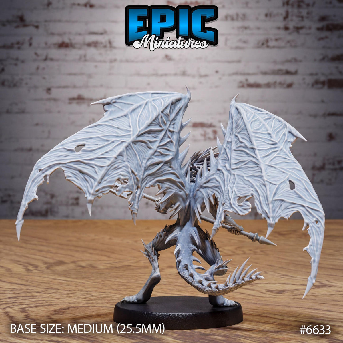 A detailed, realistic-looking miniature model of a winged creature, possibly a dragon or mythical beast, with intricate textures and patterns on its wings and tail. The creature is standing on a black base, and the image is labeled with the text "Epic Miniaturies" and "BASE SIZE: MEDIUM (25.5MM) #6633".
