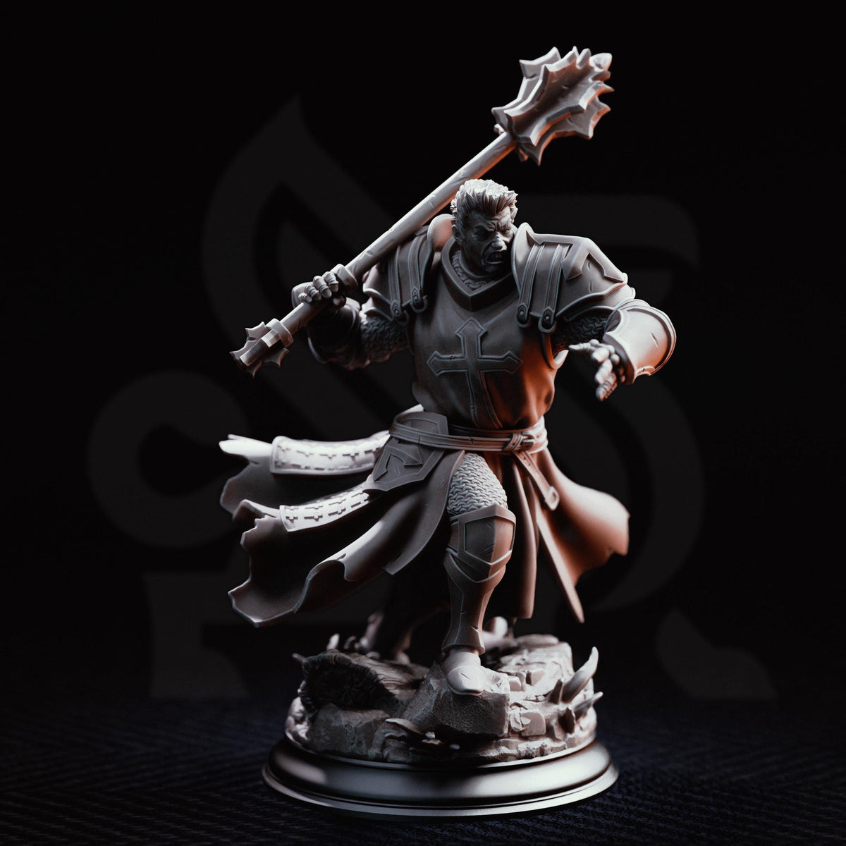 A detailed 3D model of a knight in armor, wielding a large weapon and standing on a platform against a dark background.