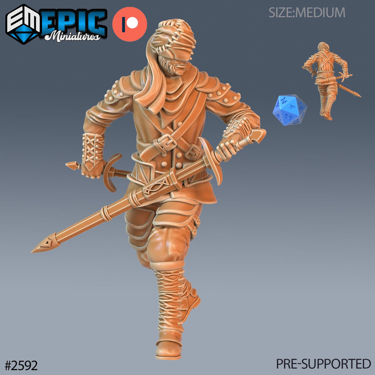 The image is a 3D model of a knight in armor, holding a sword and a die. The knight is wearing a helmet and has a shield on his back. The image is a miniature of a knight in a fighting stance, ready for battle.