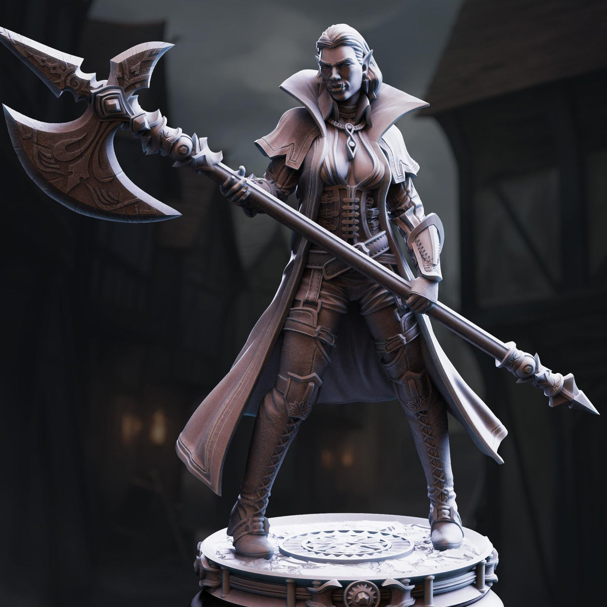 A detailed 3D model of a female warrior figure, holding a large weapon and standing on a platform.