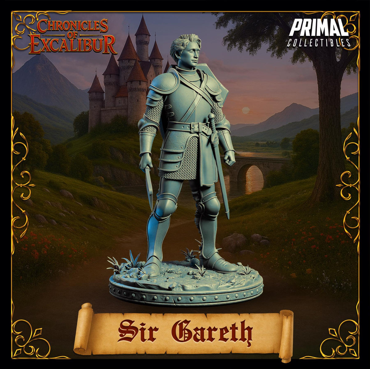 a statue of a man in a medieval-style outfit, standing in front of a castle and a landscape with mountains in the background.