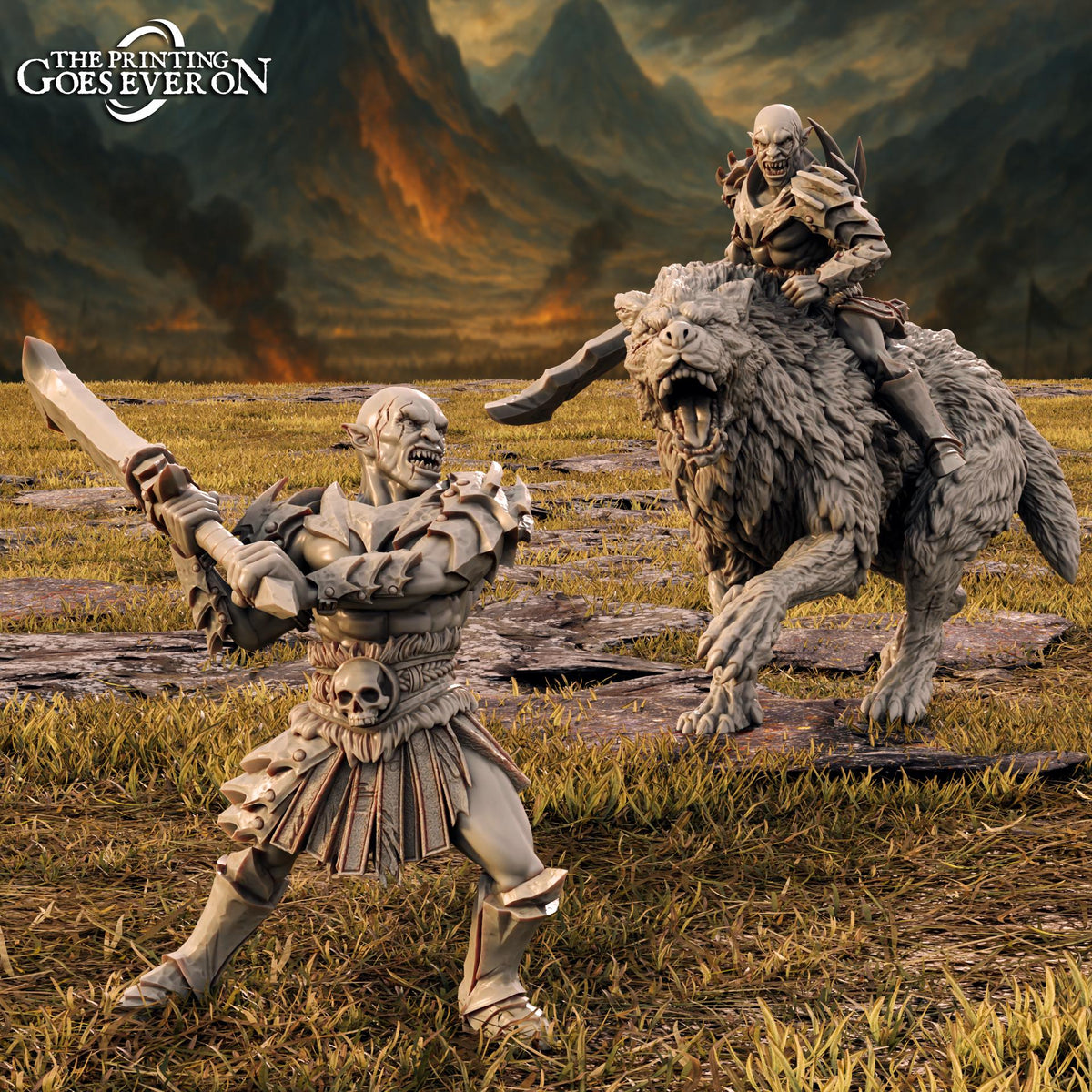 A warrior figure wielding a sword is depicted in the foreground, while a large, fierce-looking creature, possibly a dragon or monster, is shown in the background.