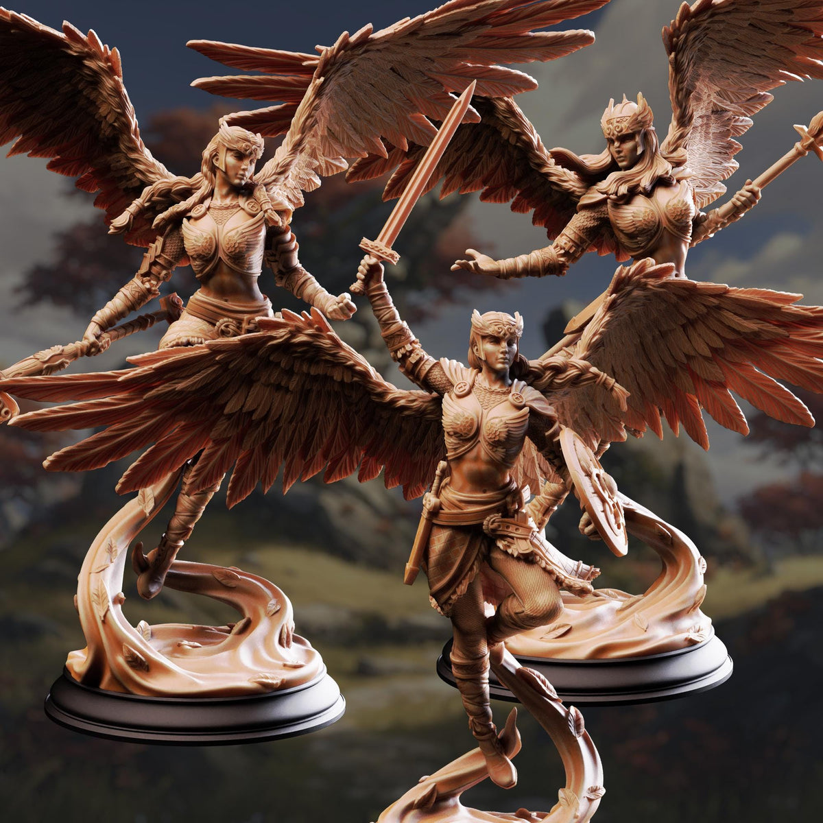 three detailed figurines of winged female characters, each holding a weapon and standing on a pedestal.